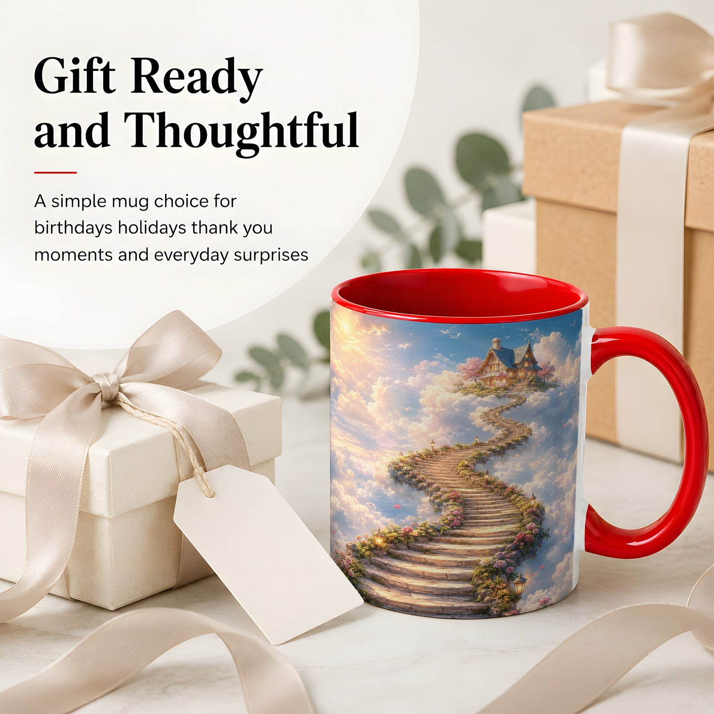 #pl[11oz|Red] Cloud Cottage Stairway Ceramic Mug, Whimsical Sky Cottage Art