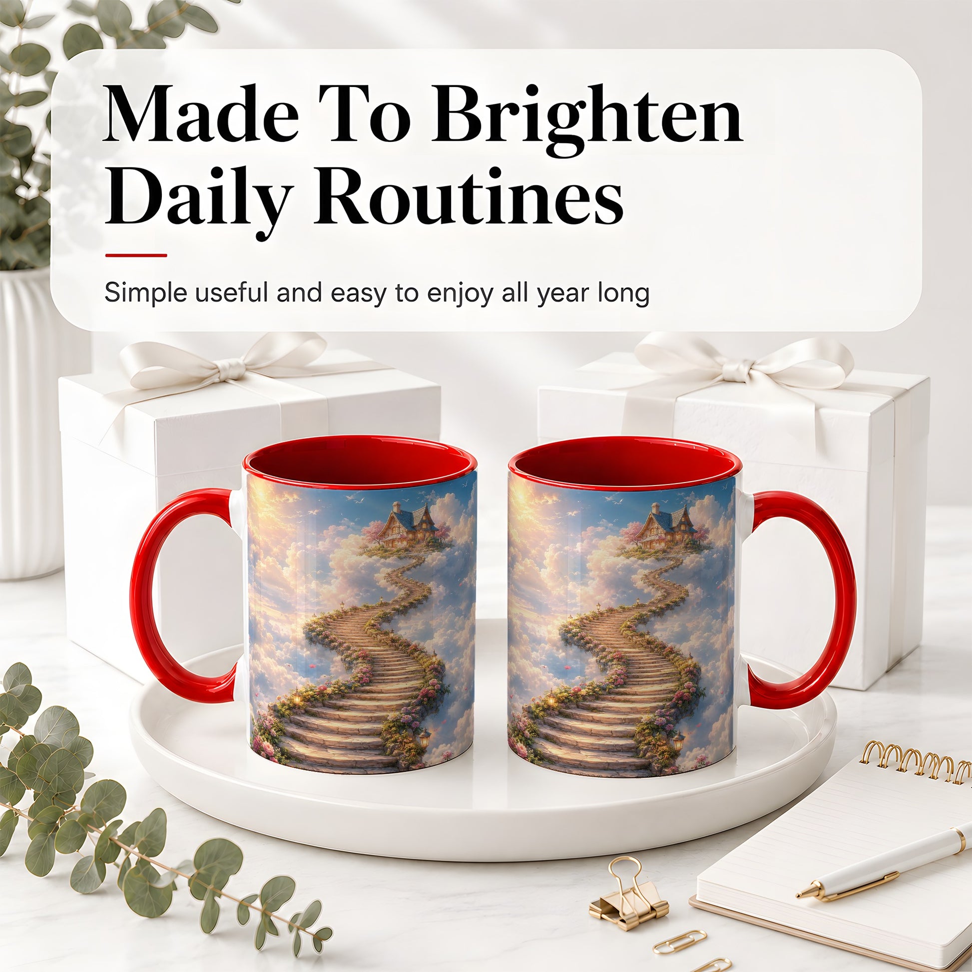 #pl[11oz|Red] Cloud Cottage Stairway Ceramic Mug, Whimsical Sky Cottage Art