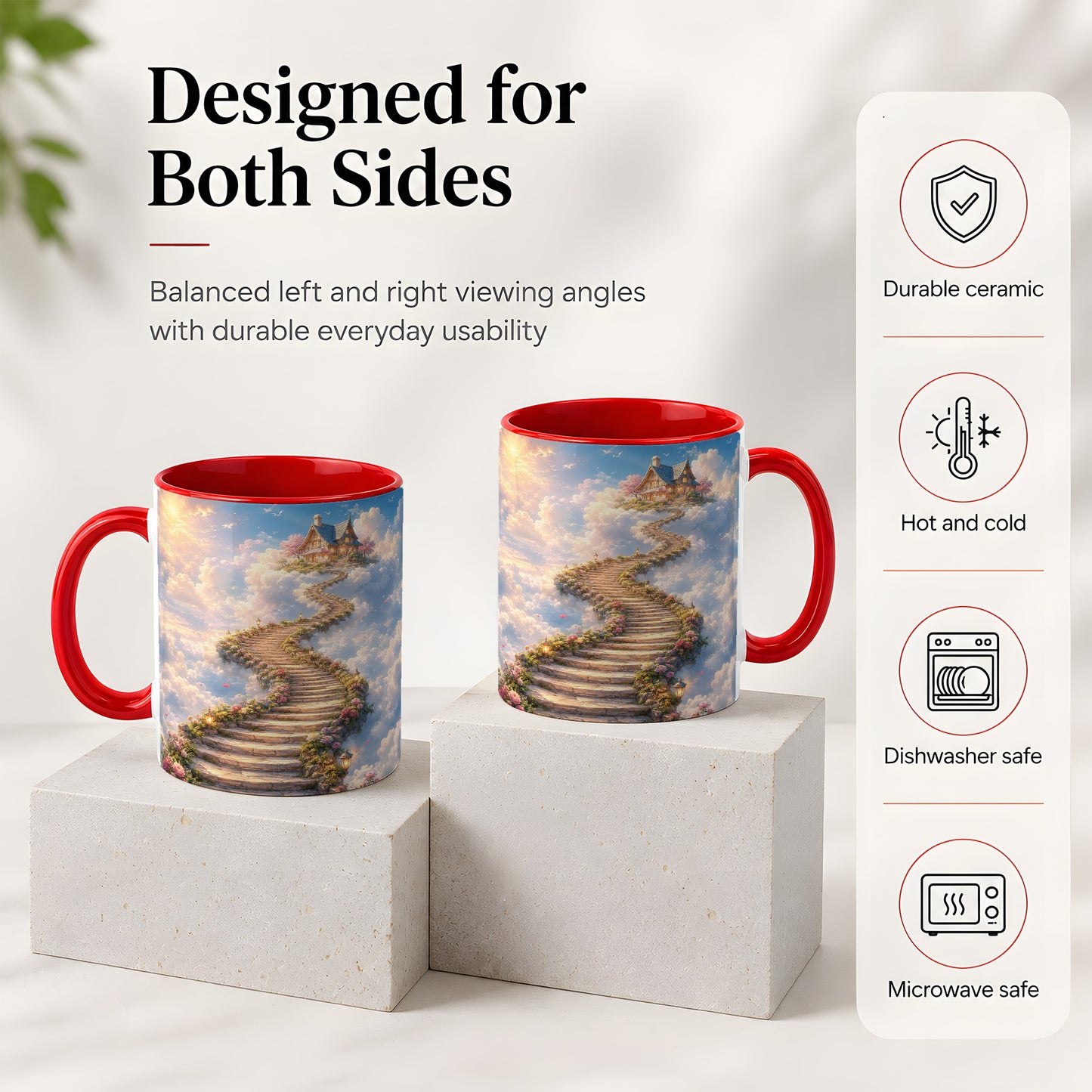 #pl[11oz|Red] Cloud Cottage Stairway Ceramic Mug, Whimsical Sky Cottage Art