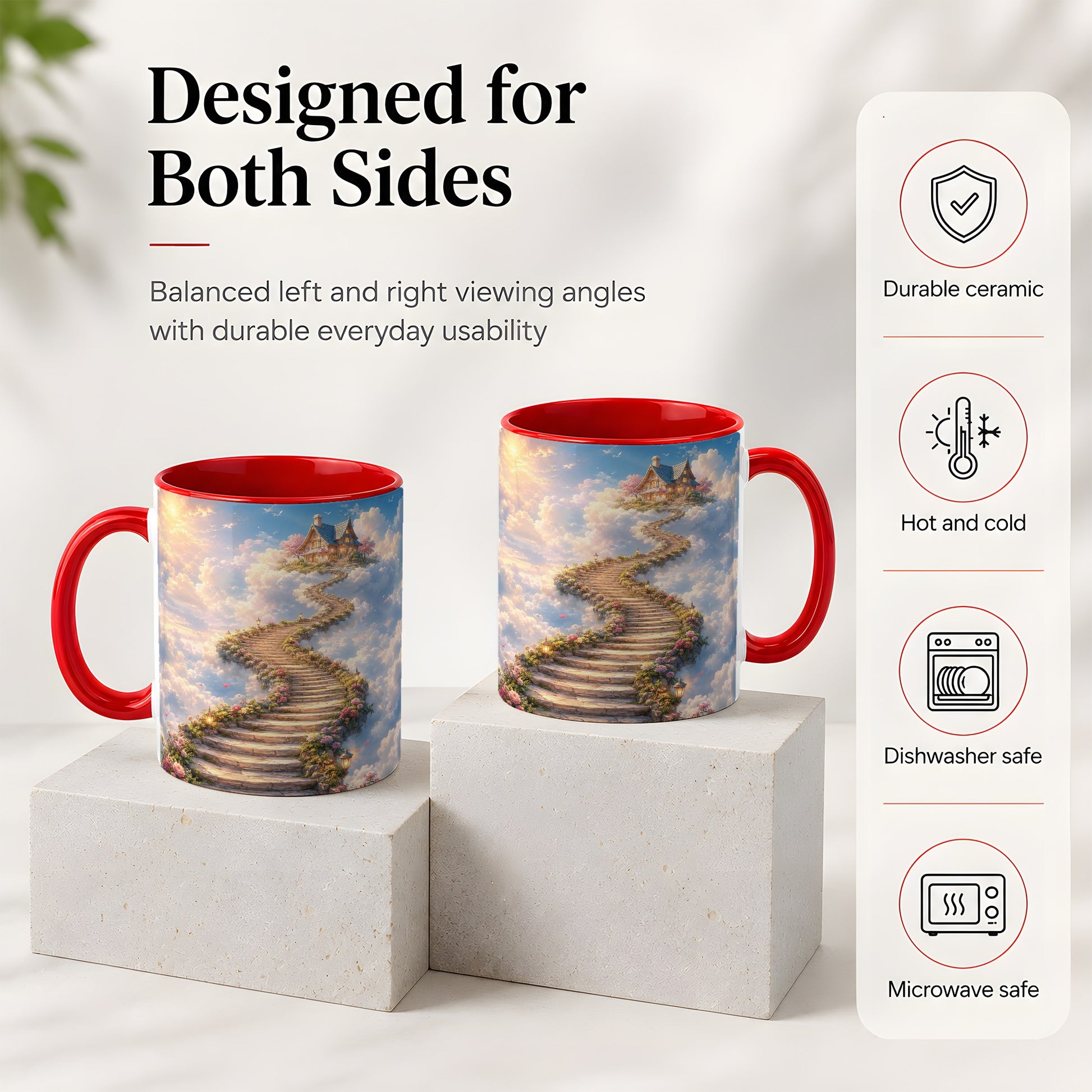 #pl[11oz|Red] Cloud Cottage Stairway Ceramic Mug, Whimsical Sky Cottage Art