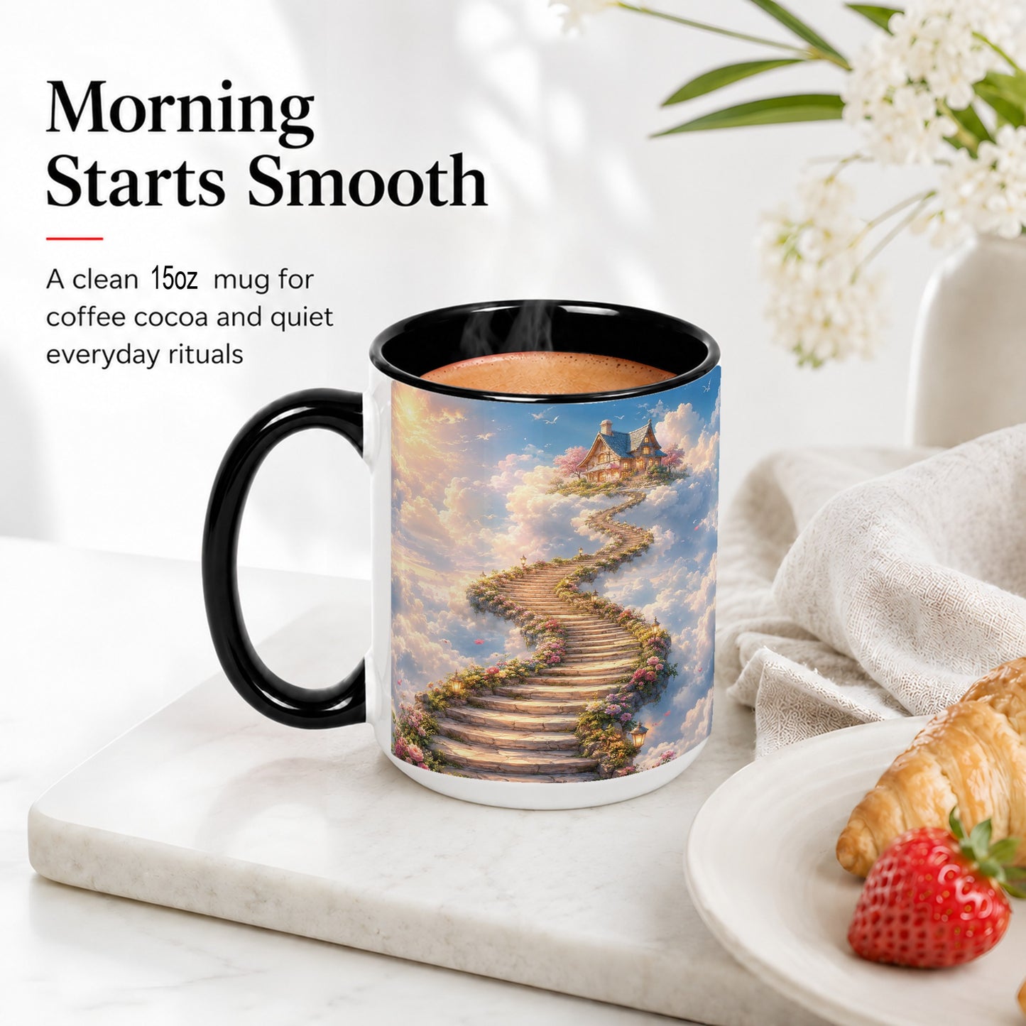 #pl[15oz|Black] Cloud Cottage Stairway Ceramic Mug, Whimsical Sky Cottage Art