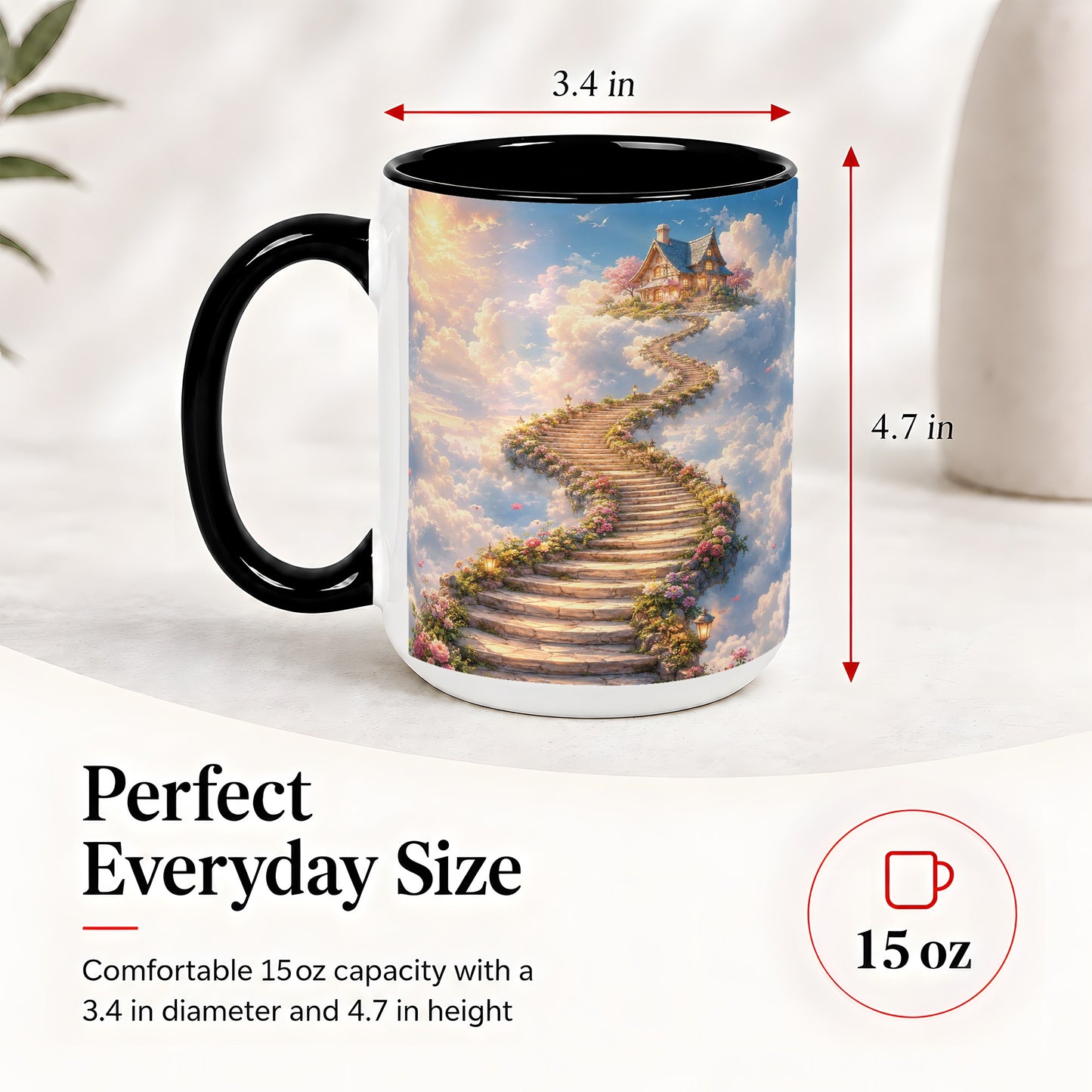 #pl[15oz|Black] Cloud Cottage Stairway Ceramic Mug, Whimsical Sky Cottage Art