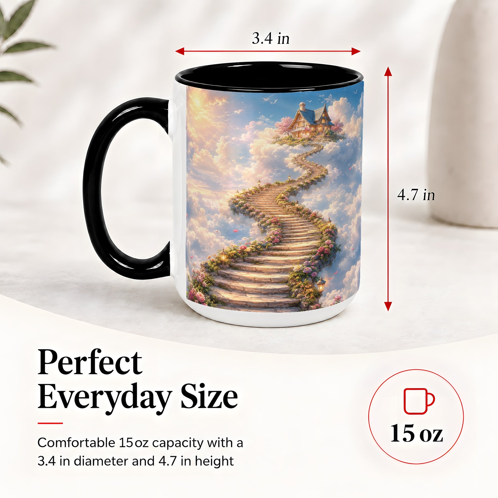 #pl[15oz|Black] Cloud Cottage Stairway Ceramic Mug, Whimsical Sky Cottage Art