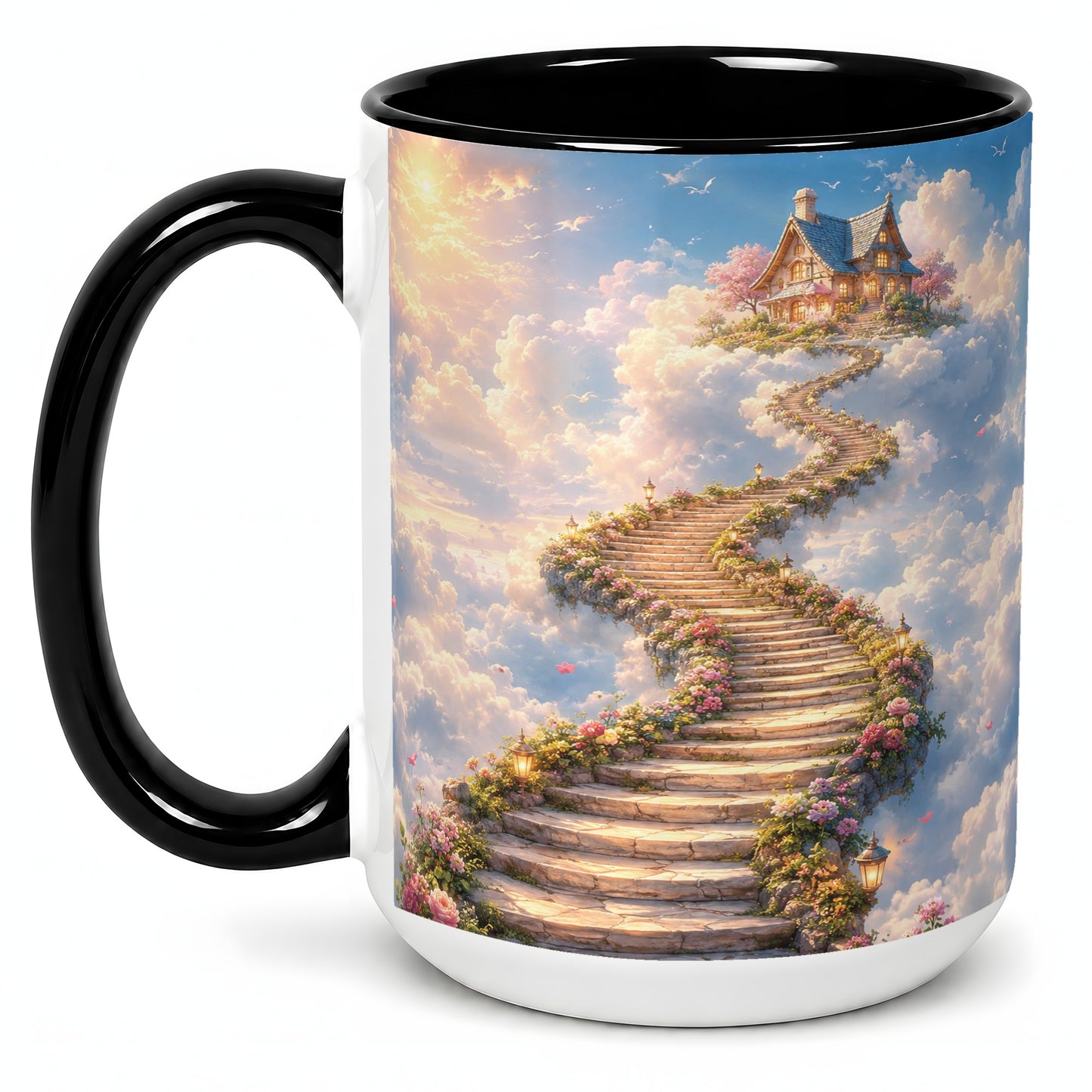#pl[15oz|Black] Cloud Cottage Stairway Ceramic Mug, Whimsical Sky Cottage Art