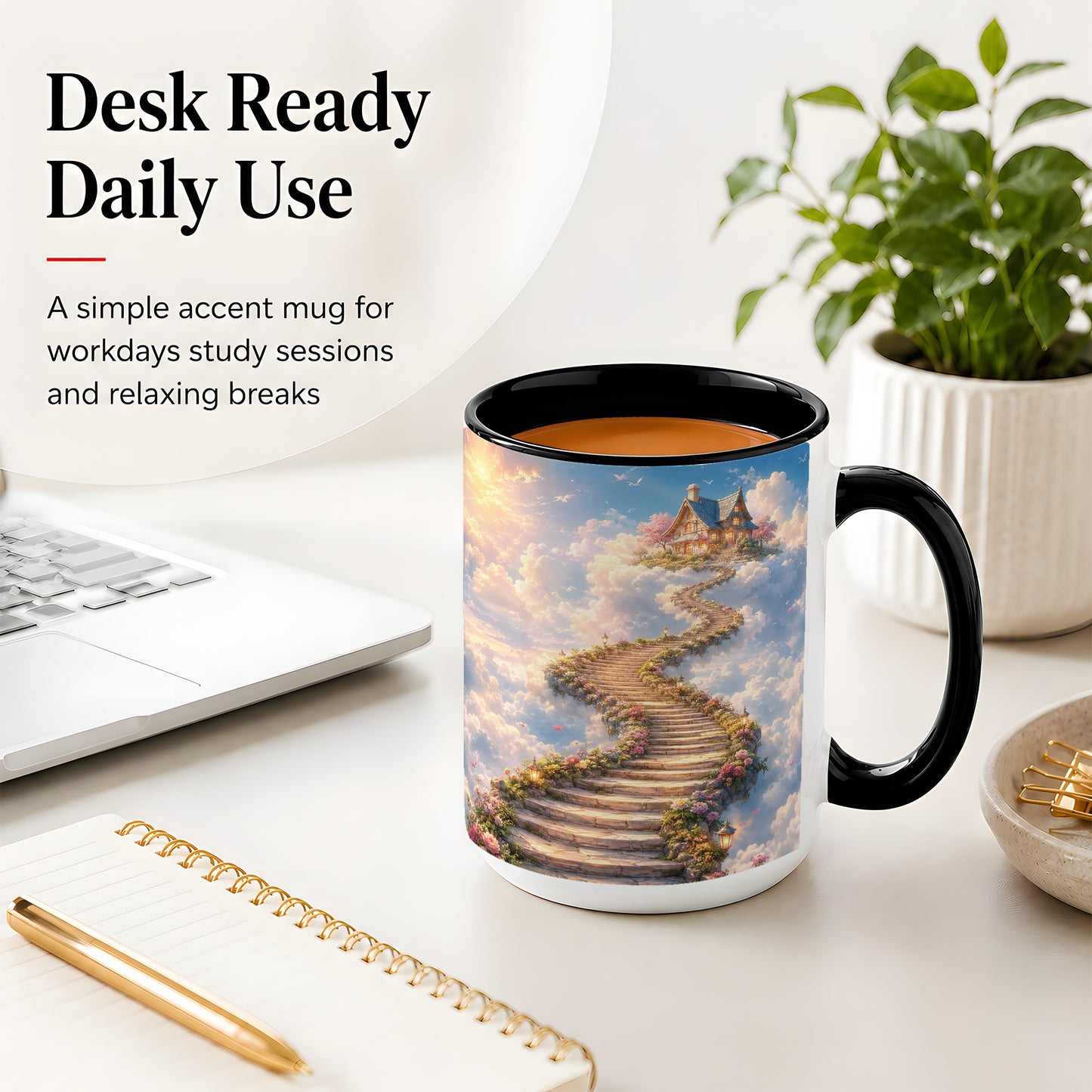 #pl[15oz|Black] Cloud Cottage Stairway Ceramic Mug, Whimsical Sky Cottage Art
