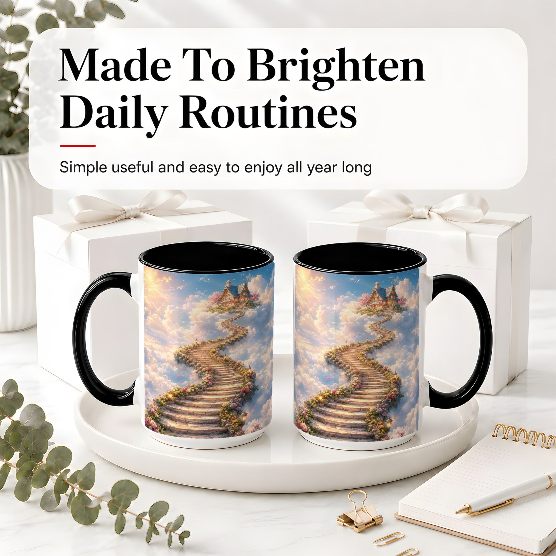 #pl[15oz|Black] Cloud Cottage Stairway Ceramic Mug, Whimsical Sky Cottage Art