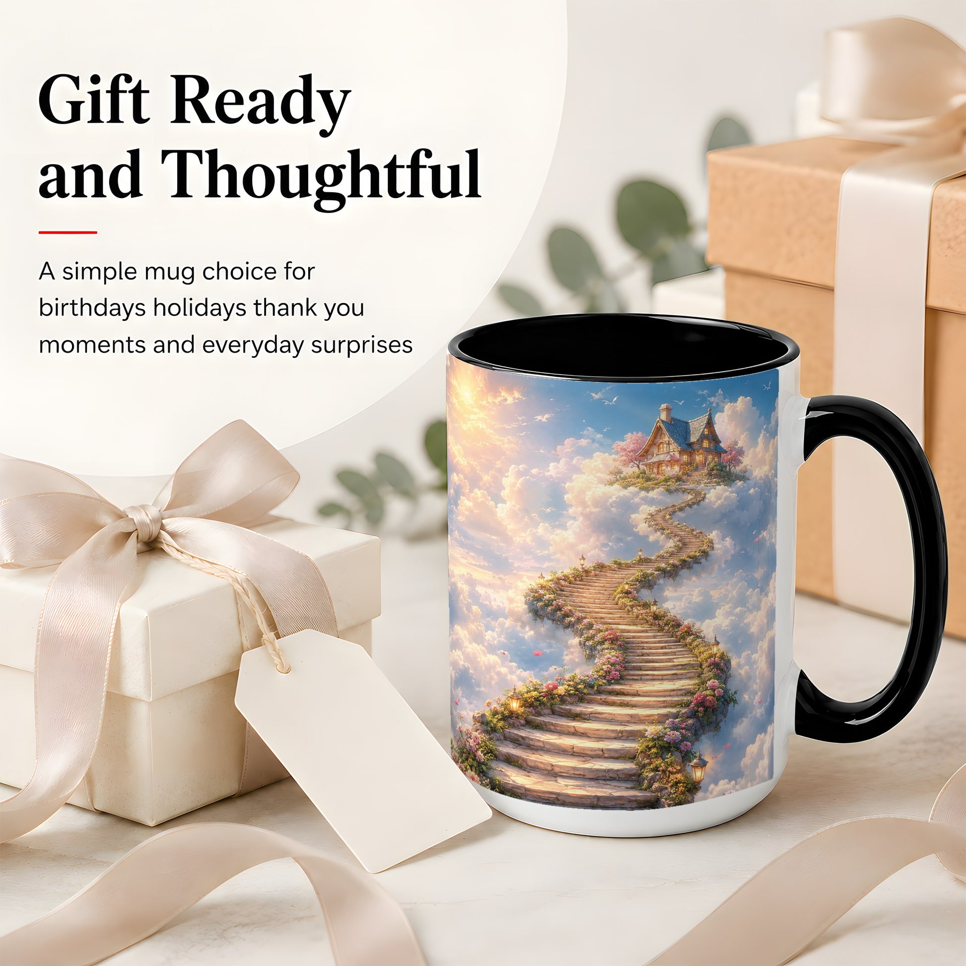 #pl[15oz|Black] Cloud Cottage Stairway Ceramic Mug, Whimsical Sky Cottage Art