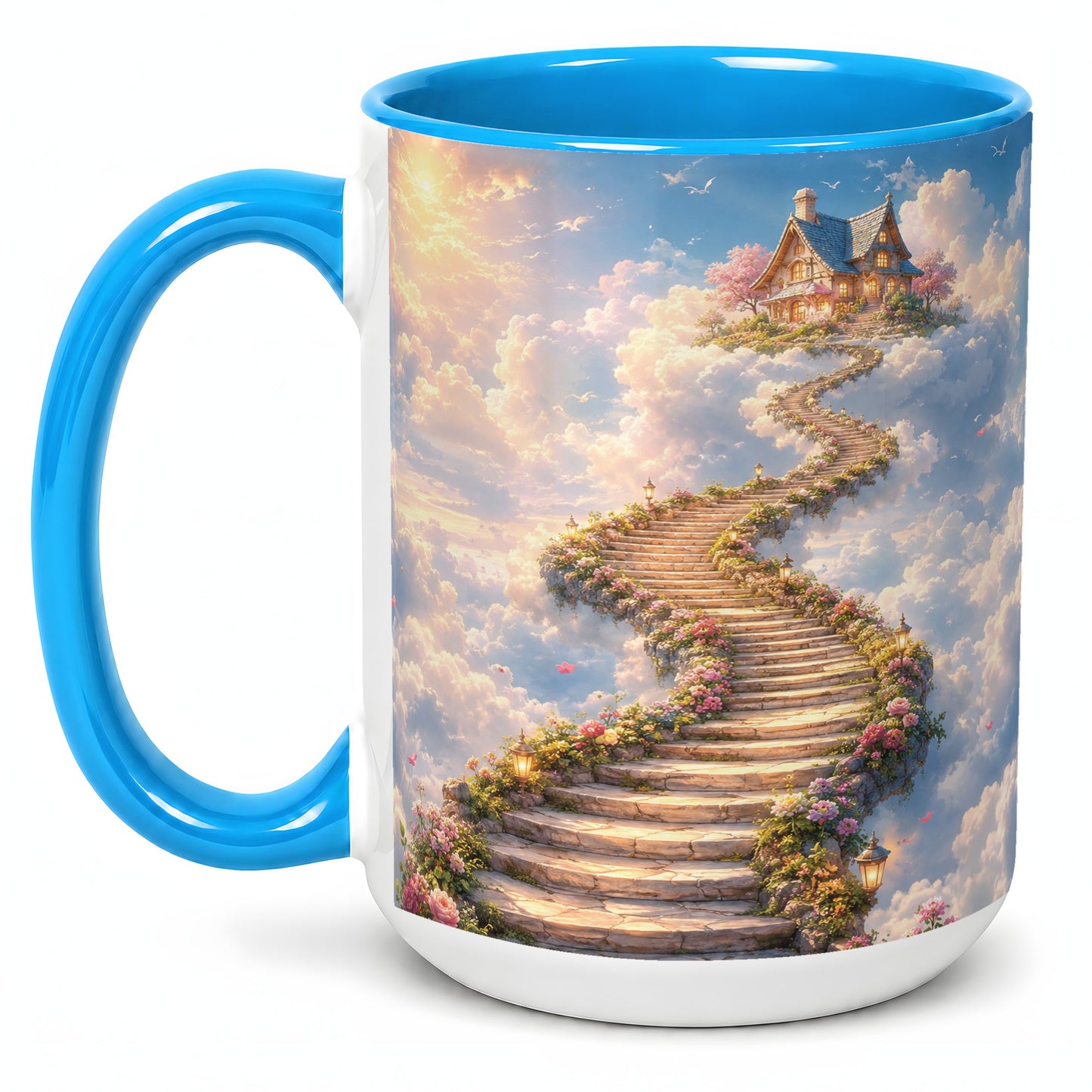 #pl[15oz|Blue] Cloud Cottage Stairway Ceramic Mug, Whimsical Sky Cottage Art