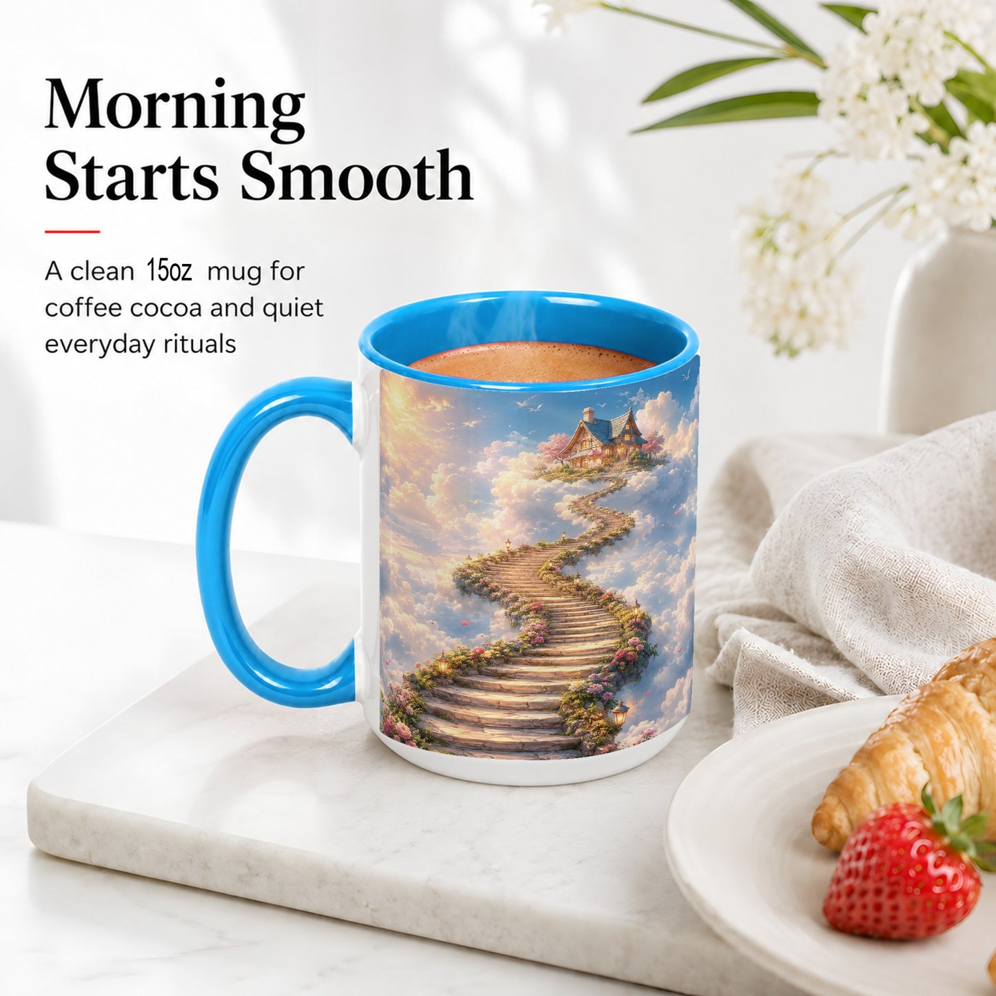 #pl[15oz|Blue] Cloud Cottage Stairway Ceramic Mug, Whimsical Sky Cottage Art