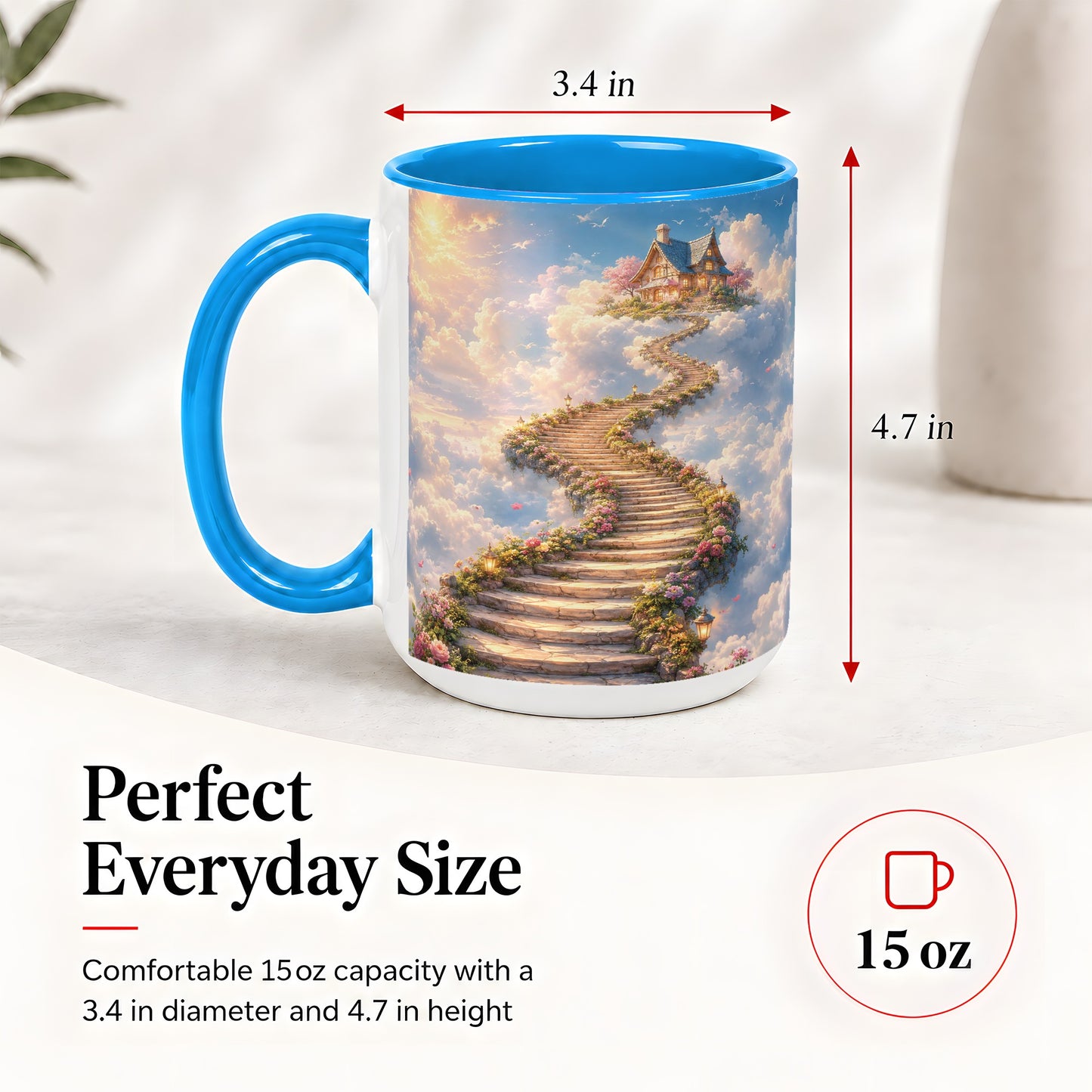 #pl[15oz|Blue] Cloud Cottage Stairway Ceramic Mug, Whimsical Sky Cottage Art