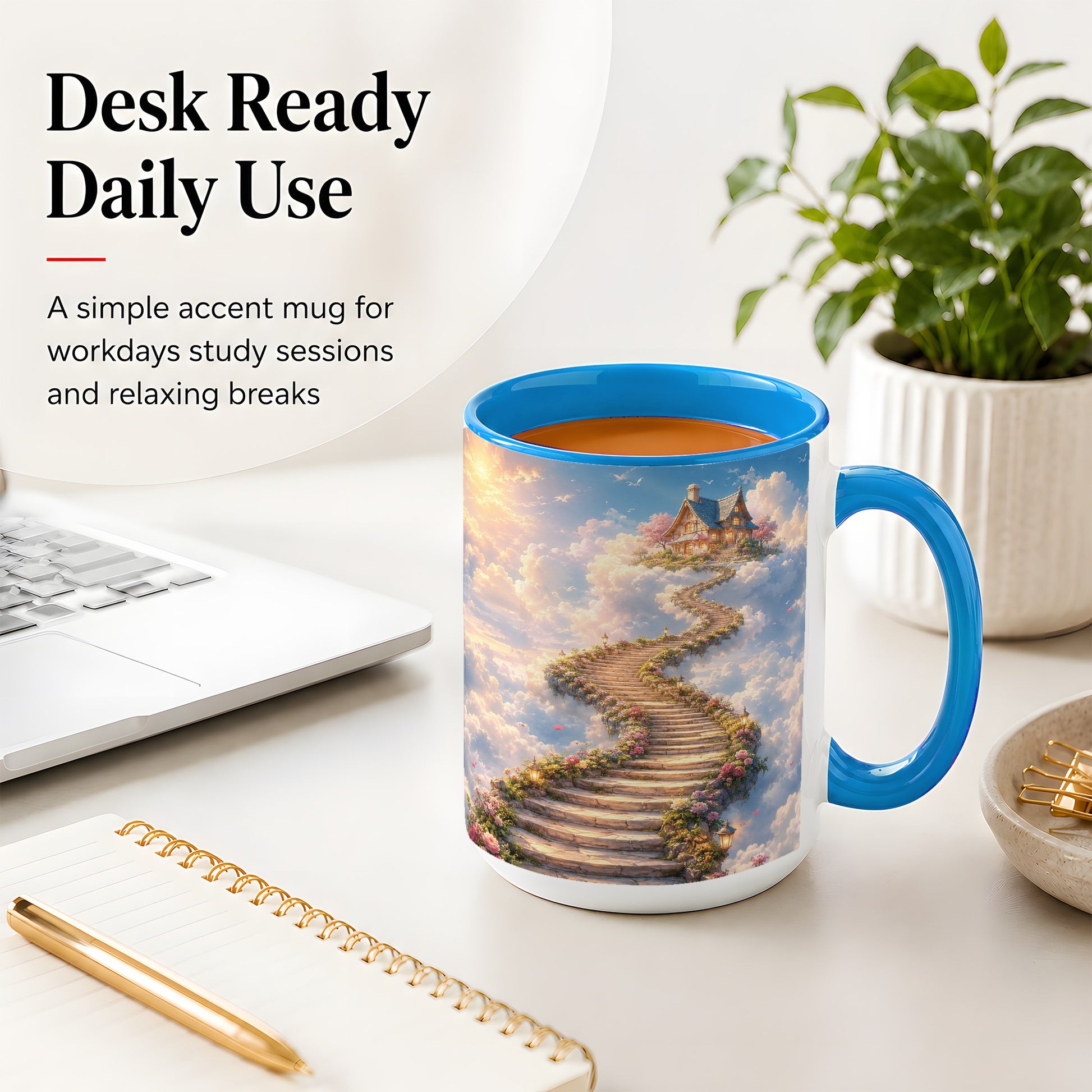 #pl[15oz|Blue] Cloud Cottage Stairway Ceramic Mug, Whimsical Sky Cottage Art