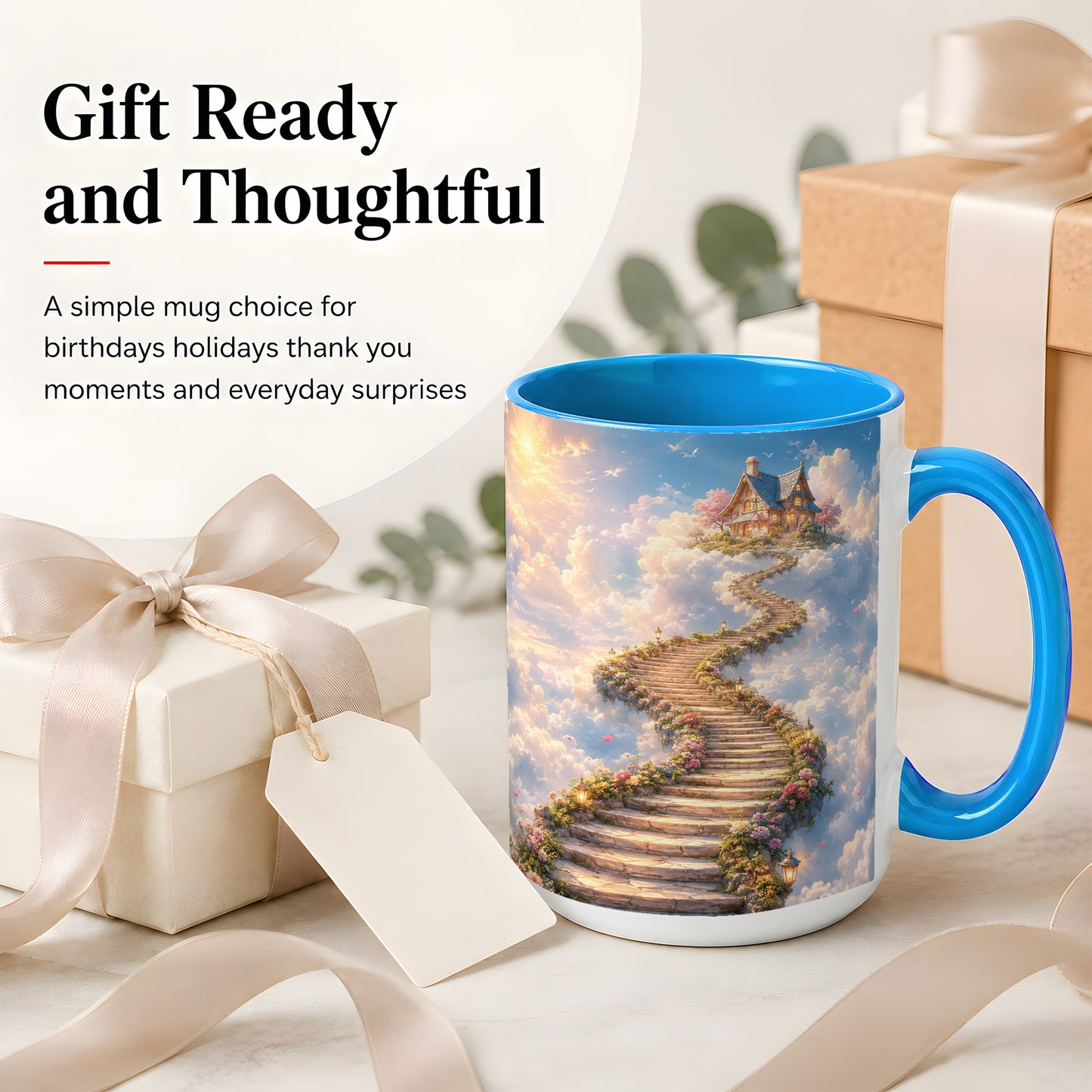 #pl[15oz|Blue] Cloud Cottage Stairway Ceramic Mug, Whimsical Sky Cottage Art