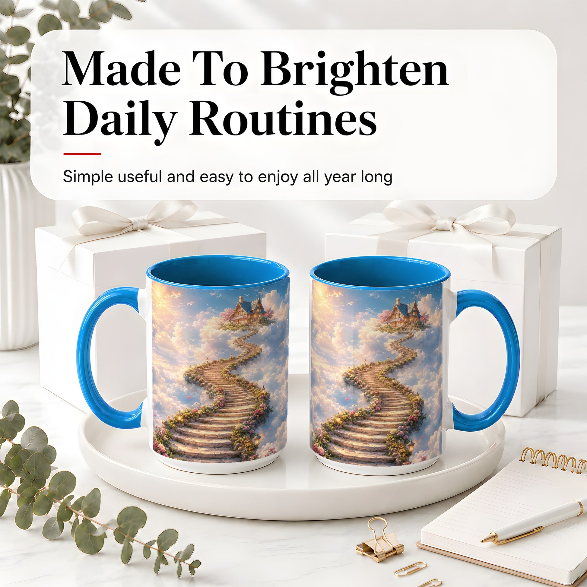 #pl[15oz|Blue] Cloud Cottage Stairway Ceramic Mug, Whimsical Sky Cottage Art
