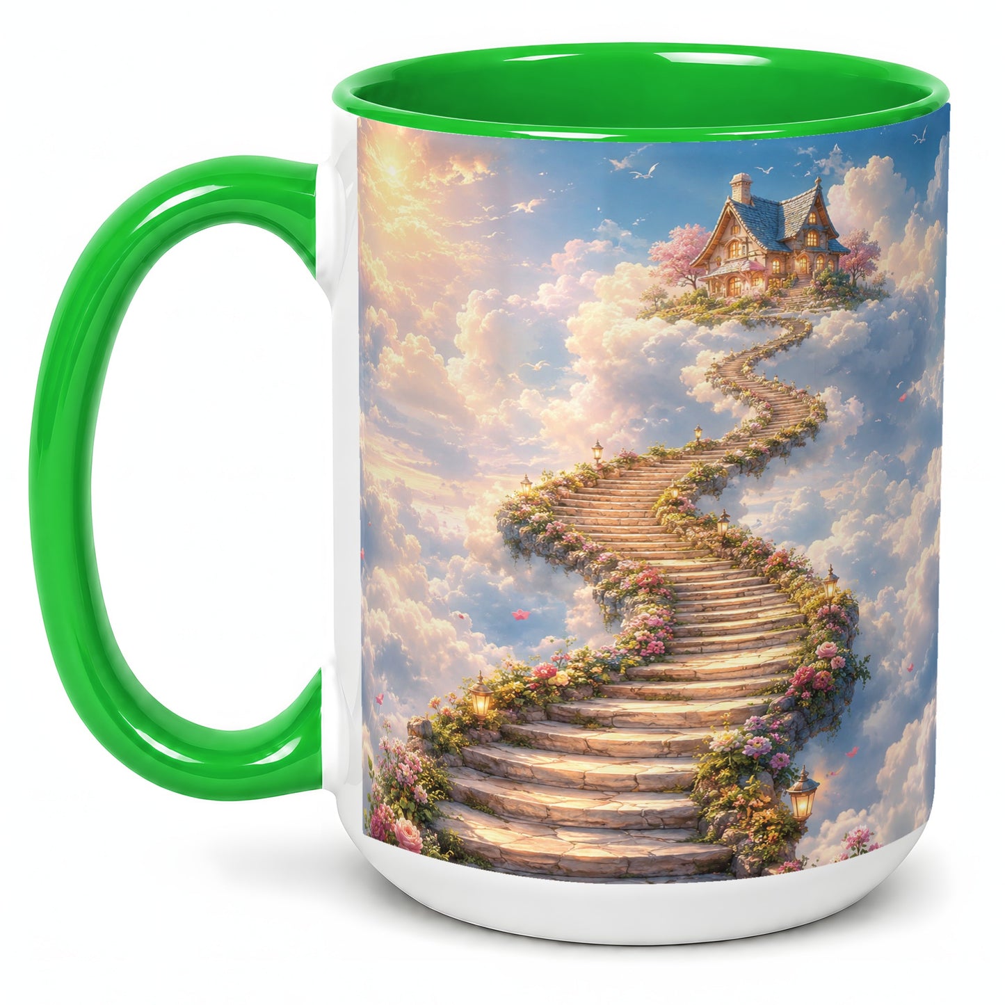 #pl[15oz|Green] Cloud Cottage Stairway Ceramic Mug, Whimsical Sky Cottage Art