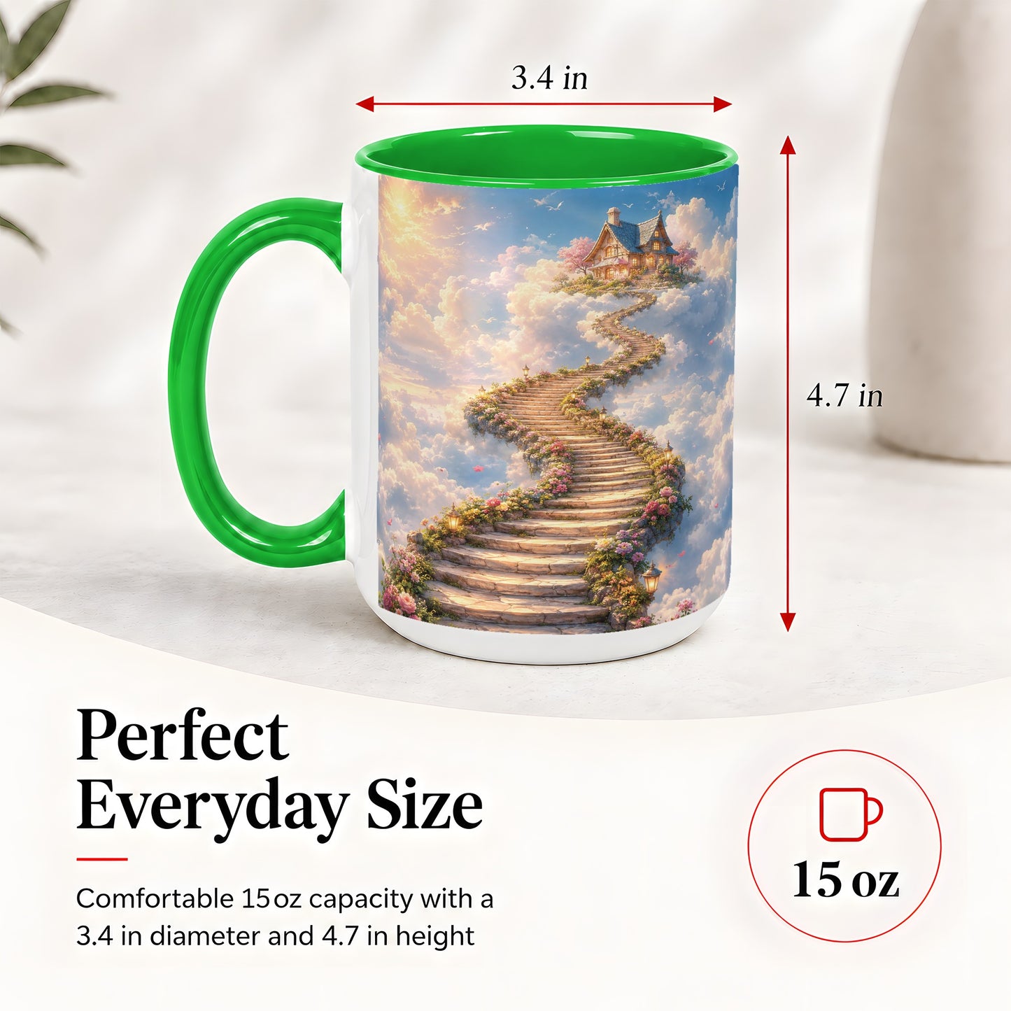 #pl[15oz|Green] Cloud Cottage Stairway Ceramic Mug, Whimsical Sky Cottage Art