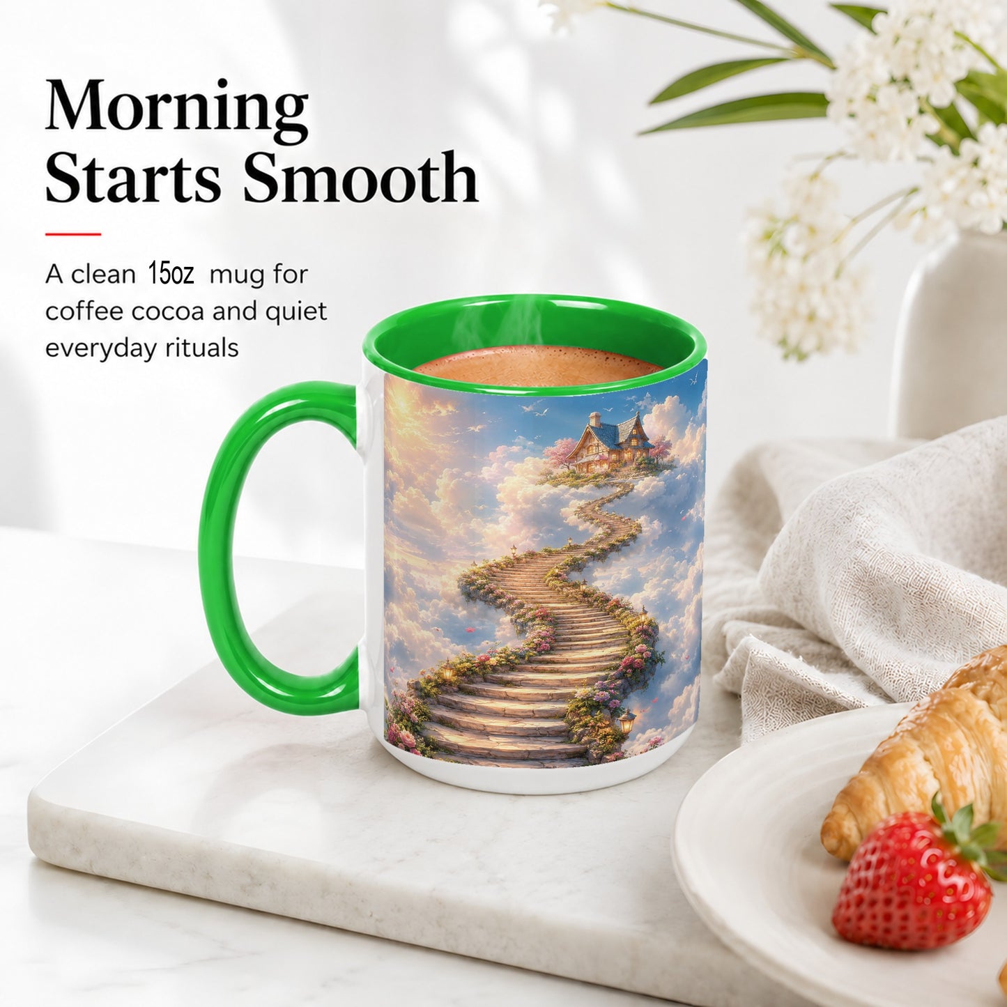 #pl[15oz|Green] Cloud Cottage Stairway Ceramic Mug, Whimsical Sky Cottage Art