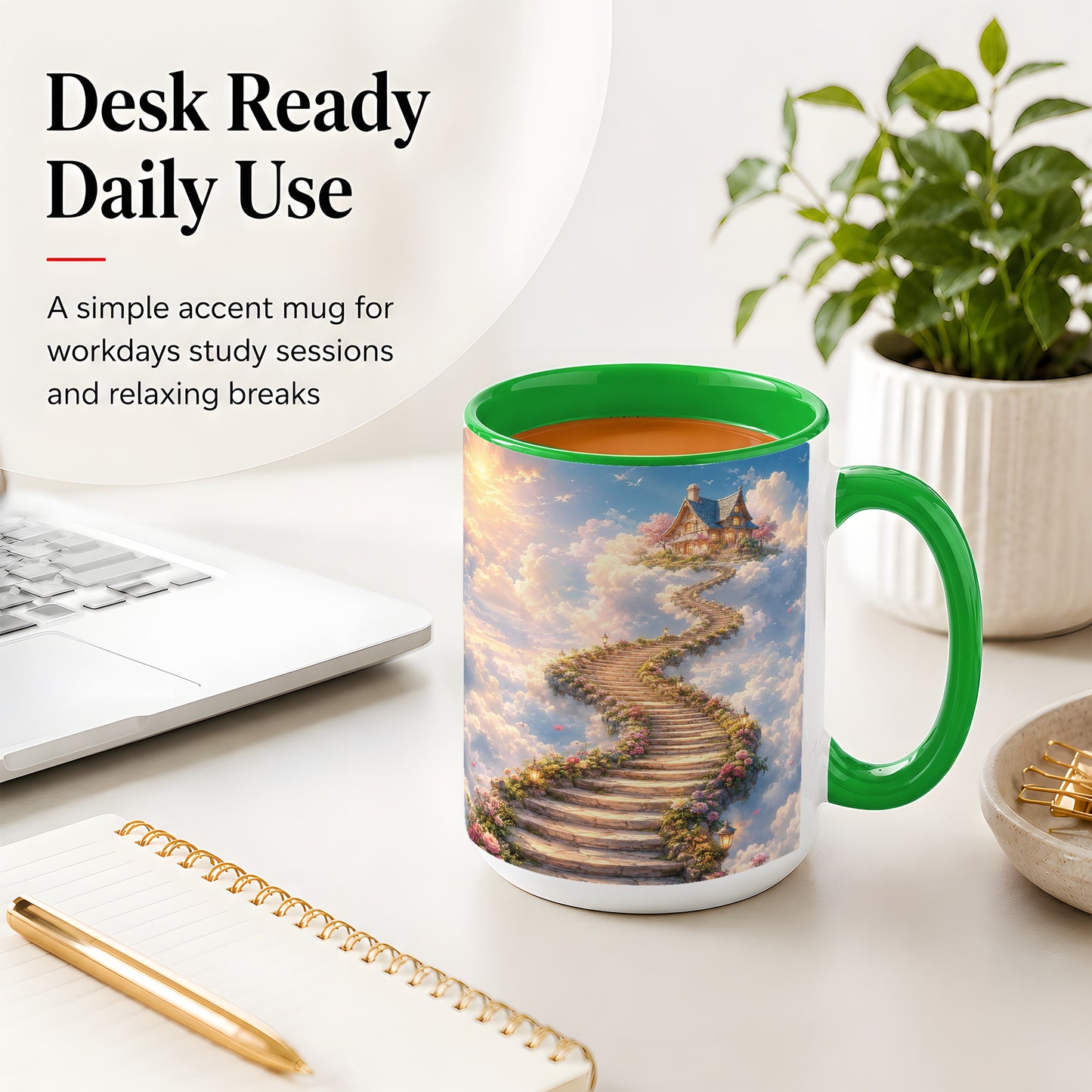 #pl[15oz|Green] Cloud Cottage Stairway Ceramic Mug, Whimsical Sky Cottage Art
