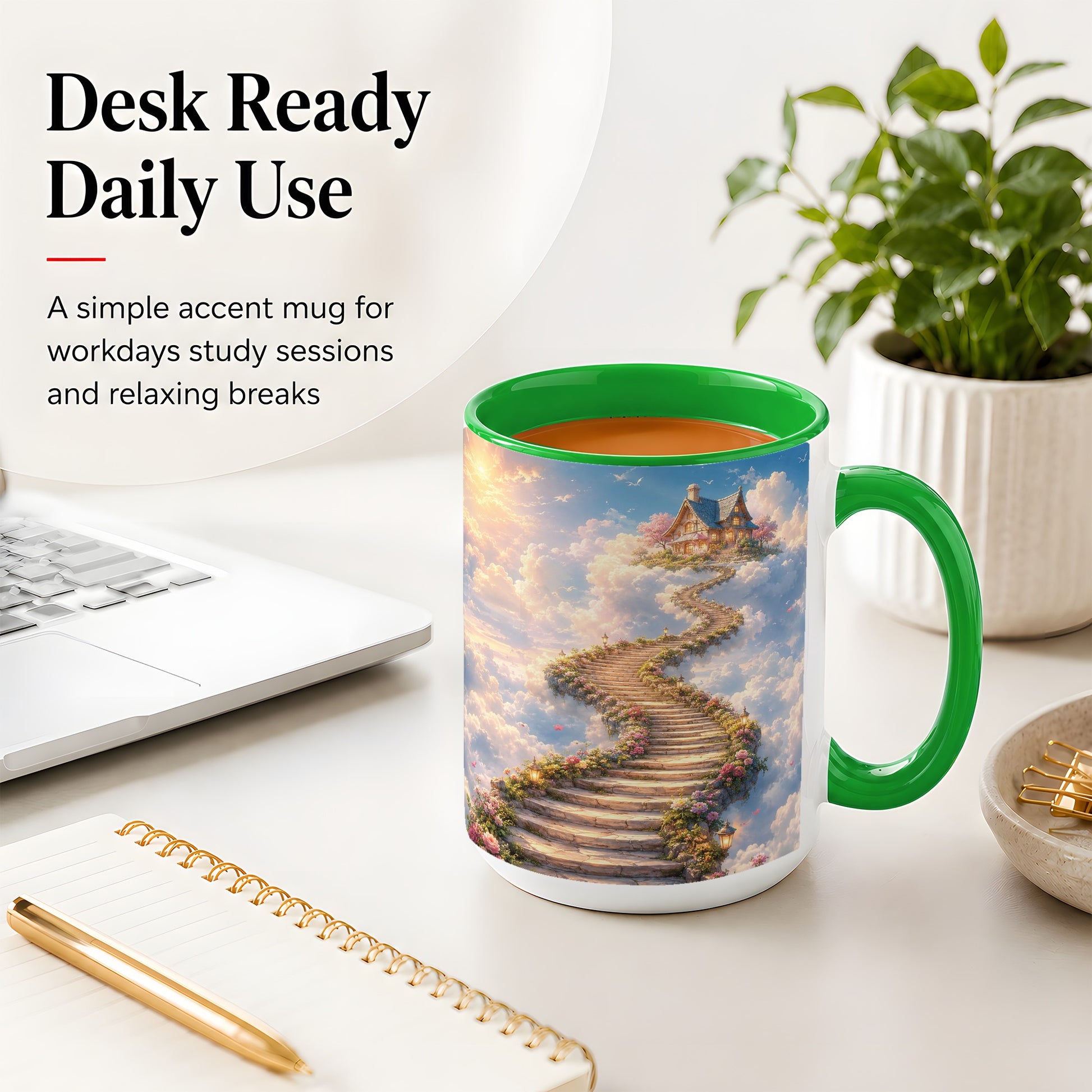 #pl[15oz|Green] Cloud Cottage Stairway Ceramic Mug, Whimsical Sky Cottage Art