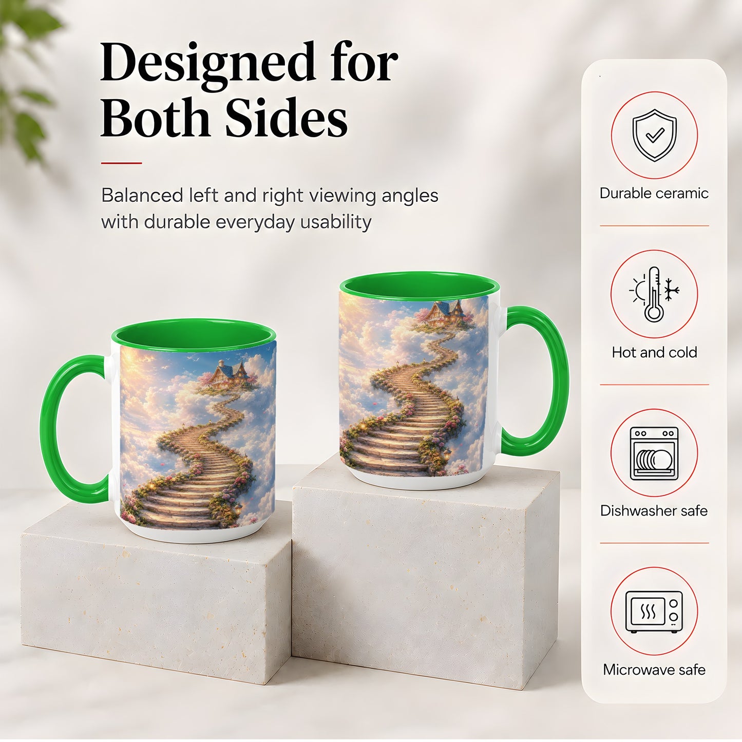 #pl[15oz|Green] Cloud Cottage Stairway Ceramic Mug, Whimsical Sky Cottage Art