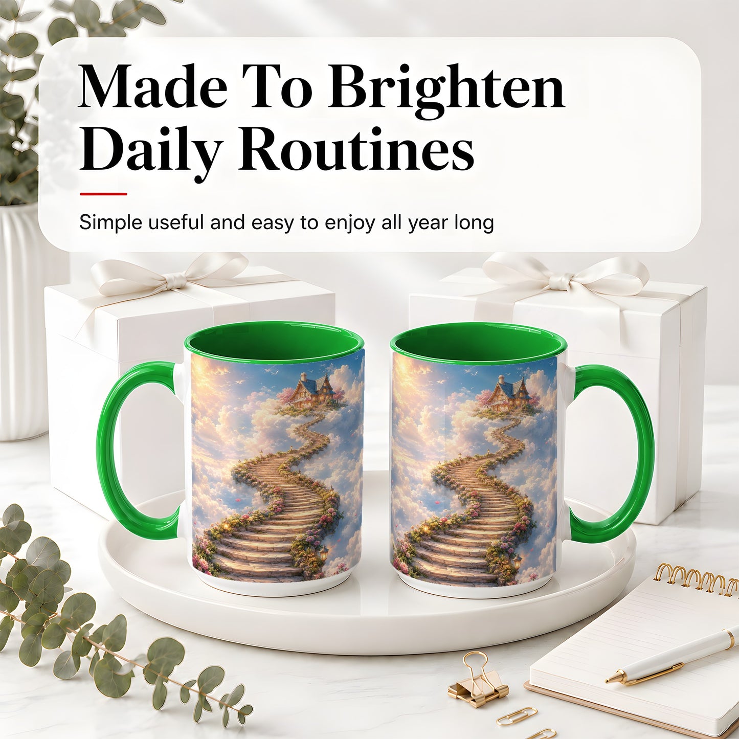 #pl[15oz|Green] Cloud Cottage Stairway Ceramic Mug, Whimsical Sky Cottage Art