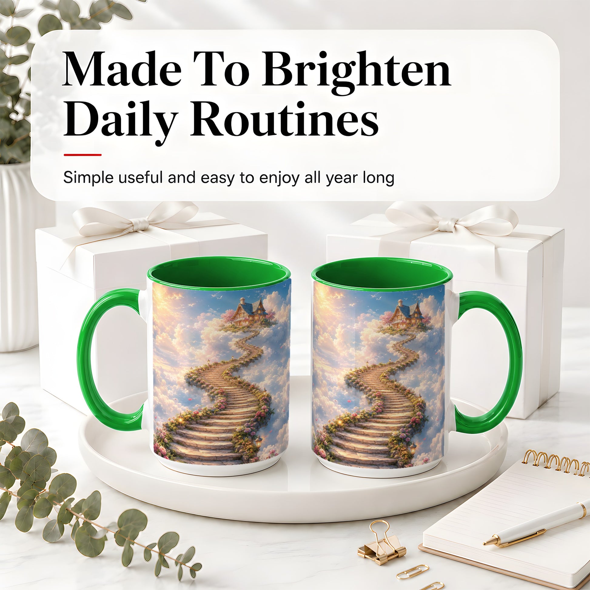#pl[15oz|Green] Cloud Cottage Stairway Ceramic Mug, Whimsical Sky Cottage Art