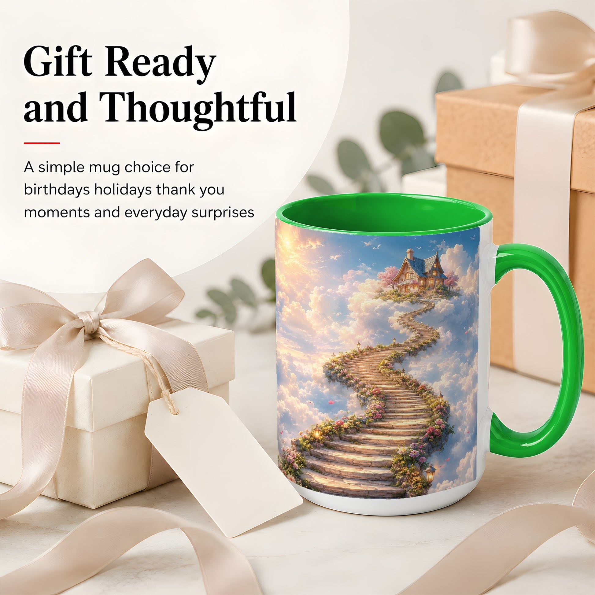 #pl[15oz|Green] Cloud Cottage Stairway Ceramic Mug, Whimsical Sky Cottage Art