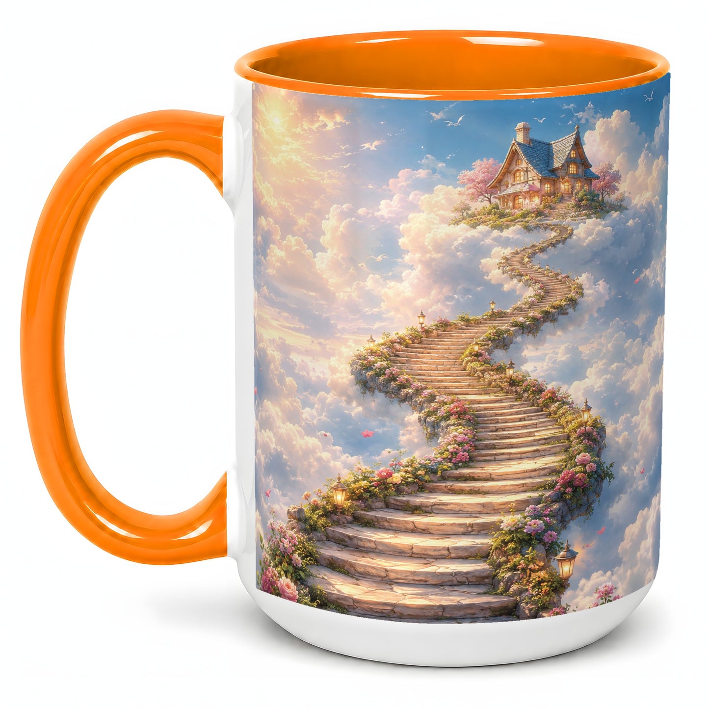 #pl[15oz|Orange] Cloud Cottage Stairway Ceramic Mug, Whimsical Sky Cottage Art