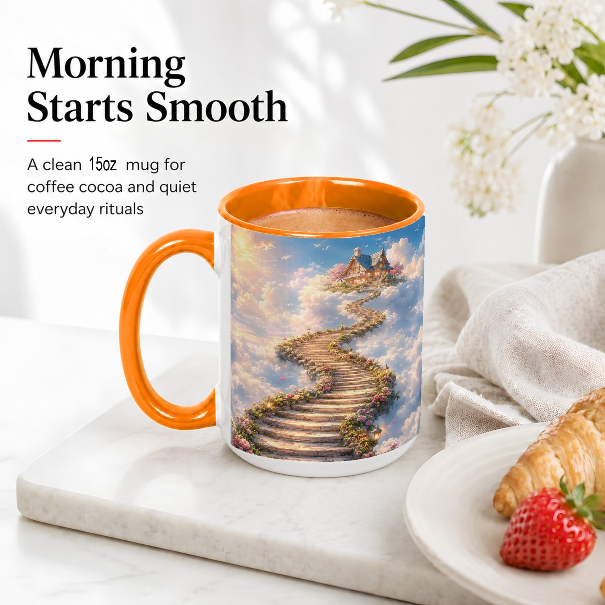 #pl[15oz|Orange] Cloud Cottage Stairway Ceramic Mug, Whimsical Sky Cottage Art