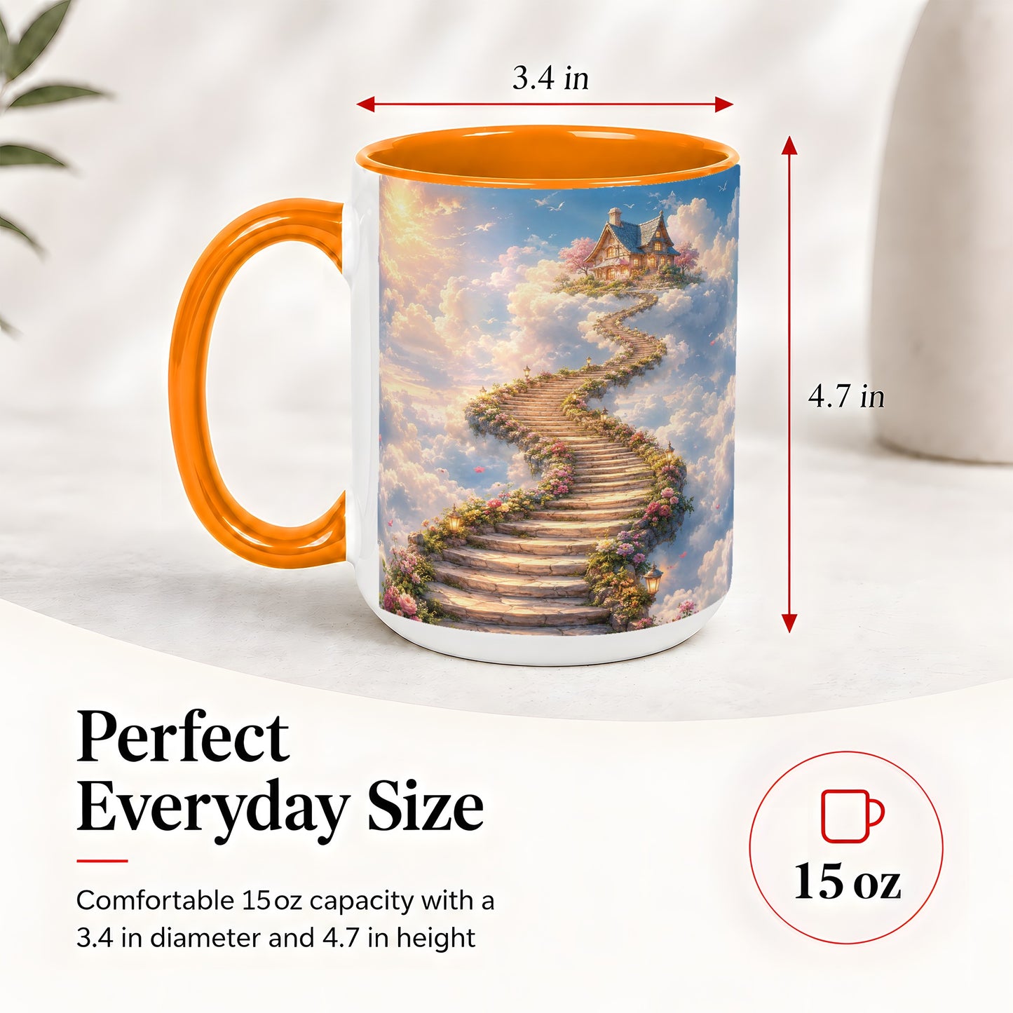 #pl[15oz|Orange] Cloud Cottage Stairway Ceramic Mug, Whimsical Sky Cottage Art