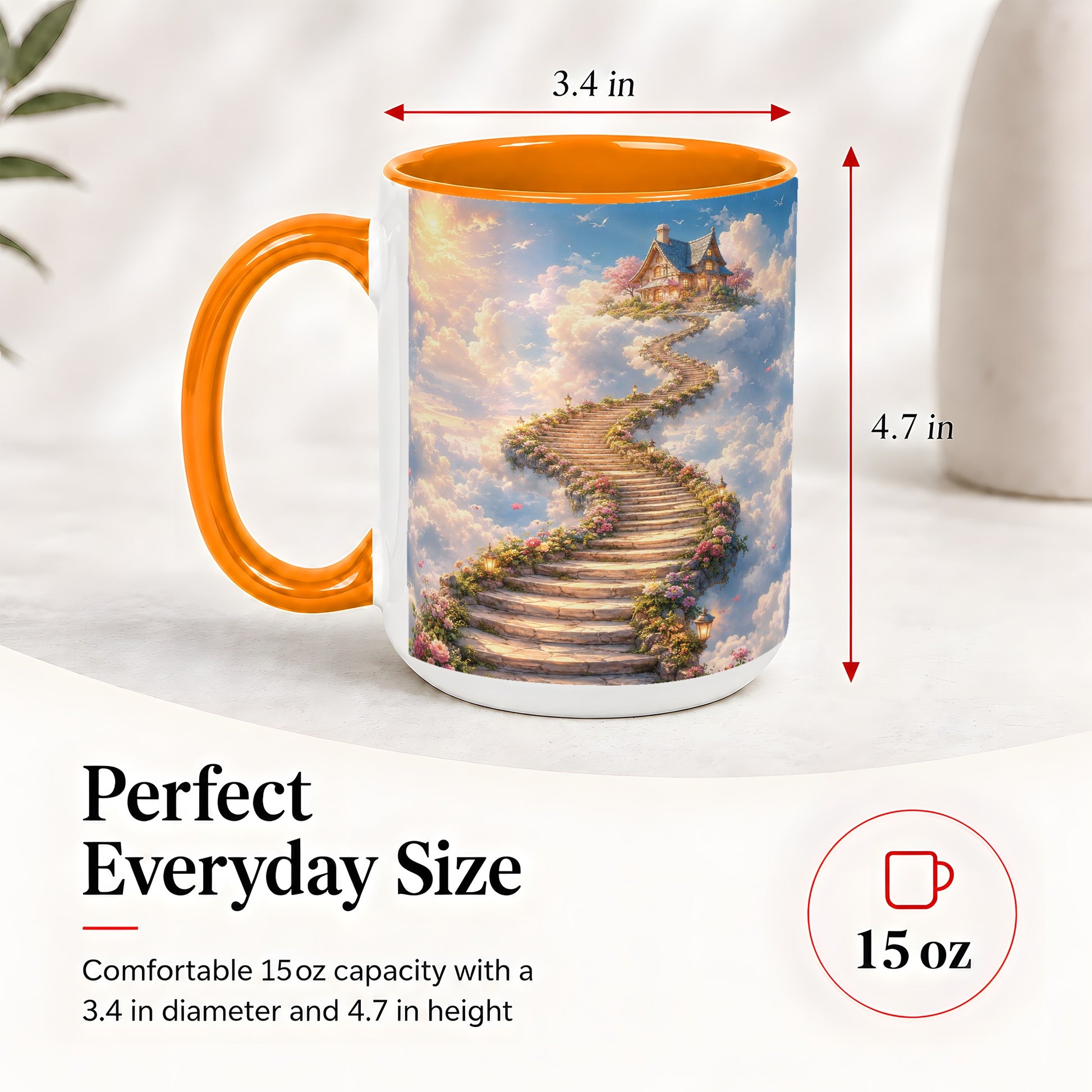 #pl[15oz|Orange] Cloud Cottage Stairway Ceramic Mug, Whimsical Sky Cottage Art