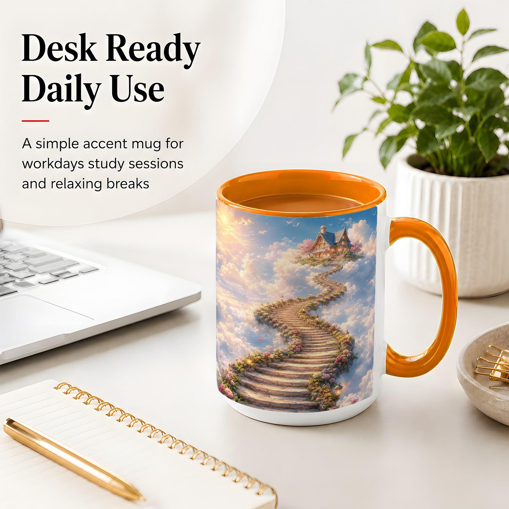 #pl[15oz|Orange] Cloud Cottage Stairway Ceramic Mug, Whimsical Sky Cottage Art