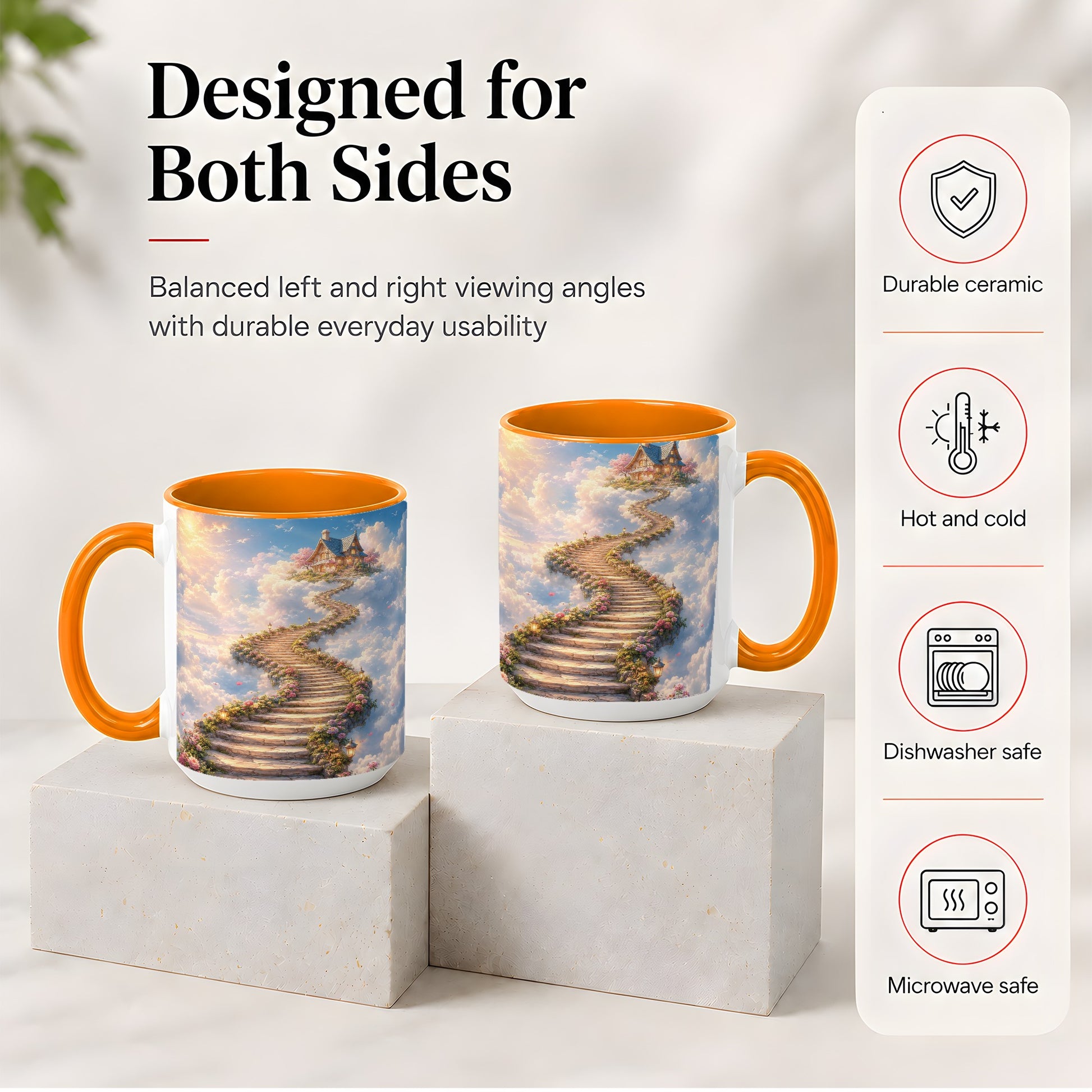 #pl[15oz|Orange] Cloud Cottage Stairway Ceramic Mug, Whimsical Sky Cottage Art