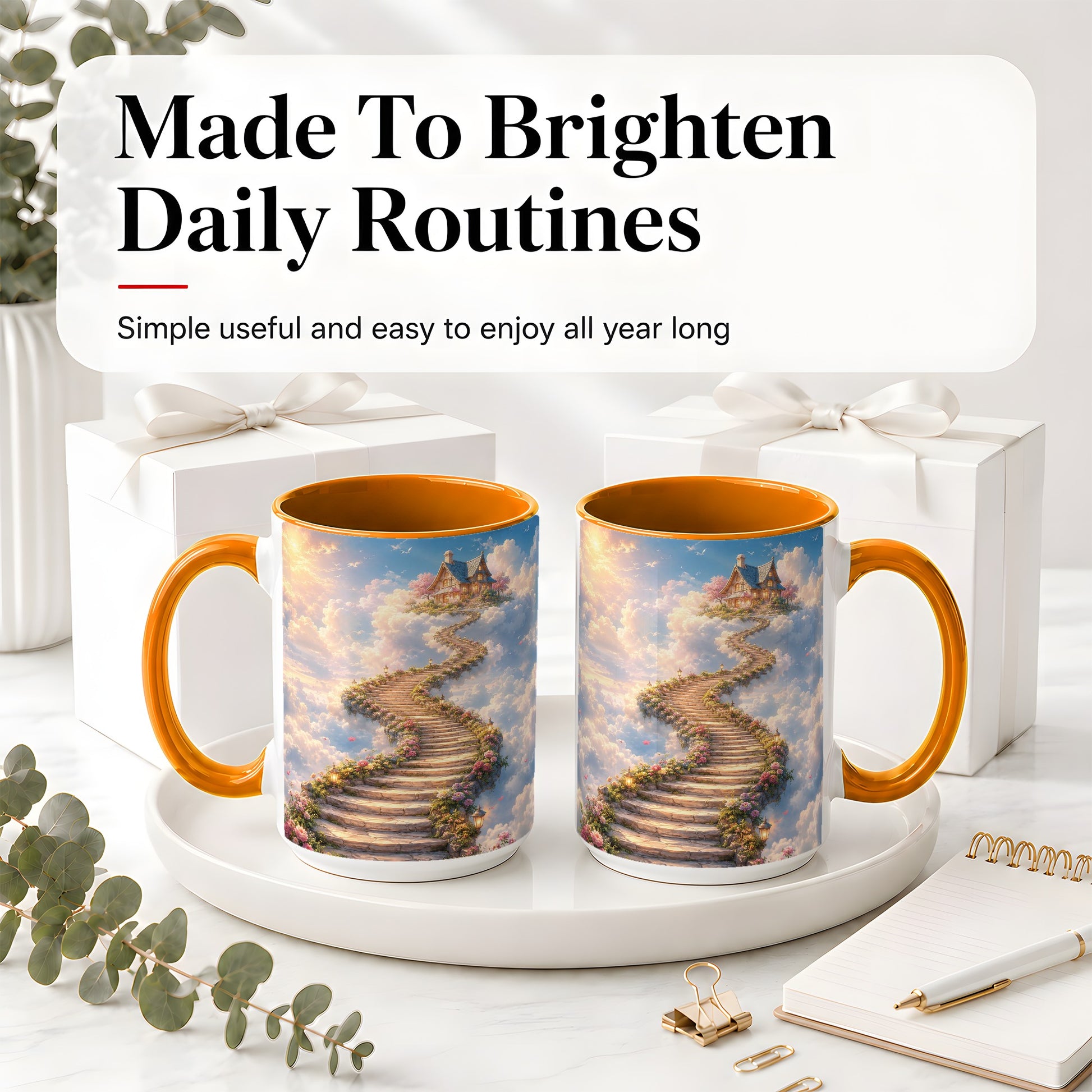 #pl[15oz|Orange] Cloud Cottage Stairway Ceramic Mug, Whimsical Sky Cottage Art