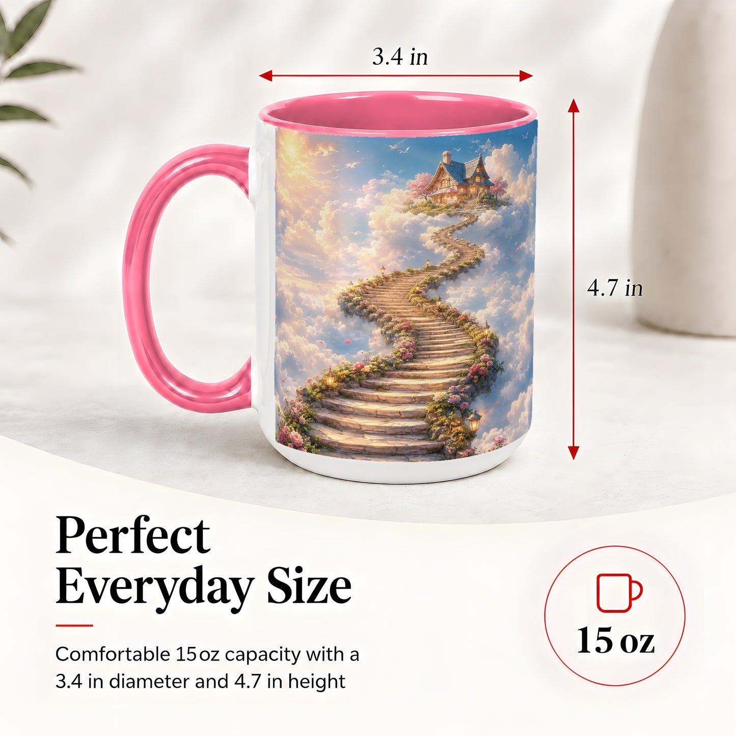 #pl[15oz|Pink] Cloud Cottage Stairway Ceramic Mug, Whimsical Sky Cottage Art