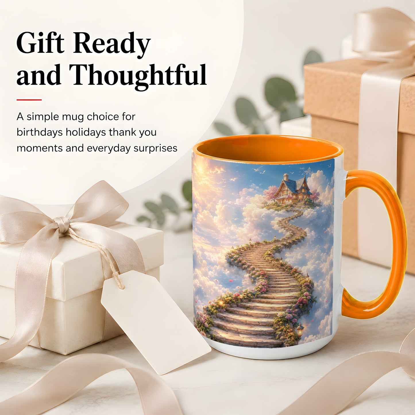 #pl[15oz|Orange] Cloud Cottage Stairway Ceramic Mug, Whimsical Sky Cottage Art
