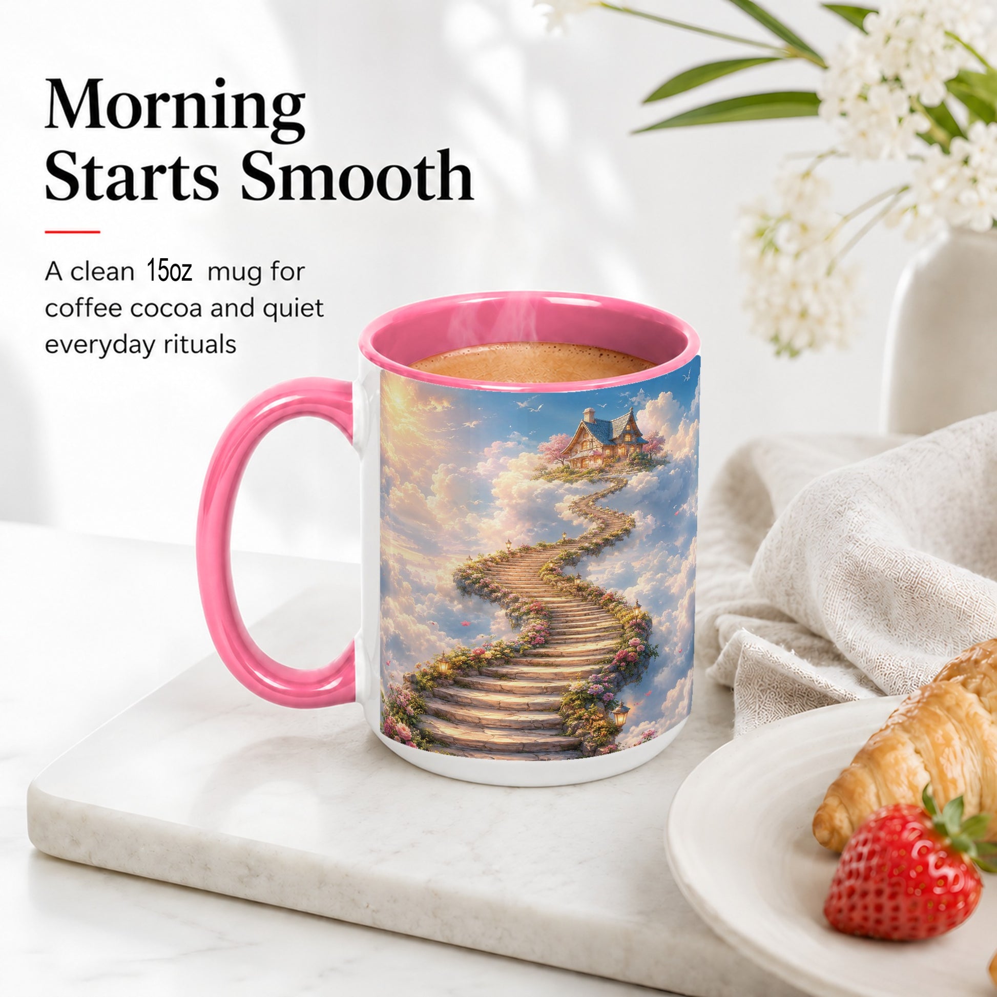 #pl[15oz|Pink] Cloud Cottage Stairway Ceramic Mug, Whimsical Sky Cottage Art