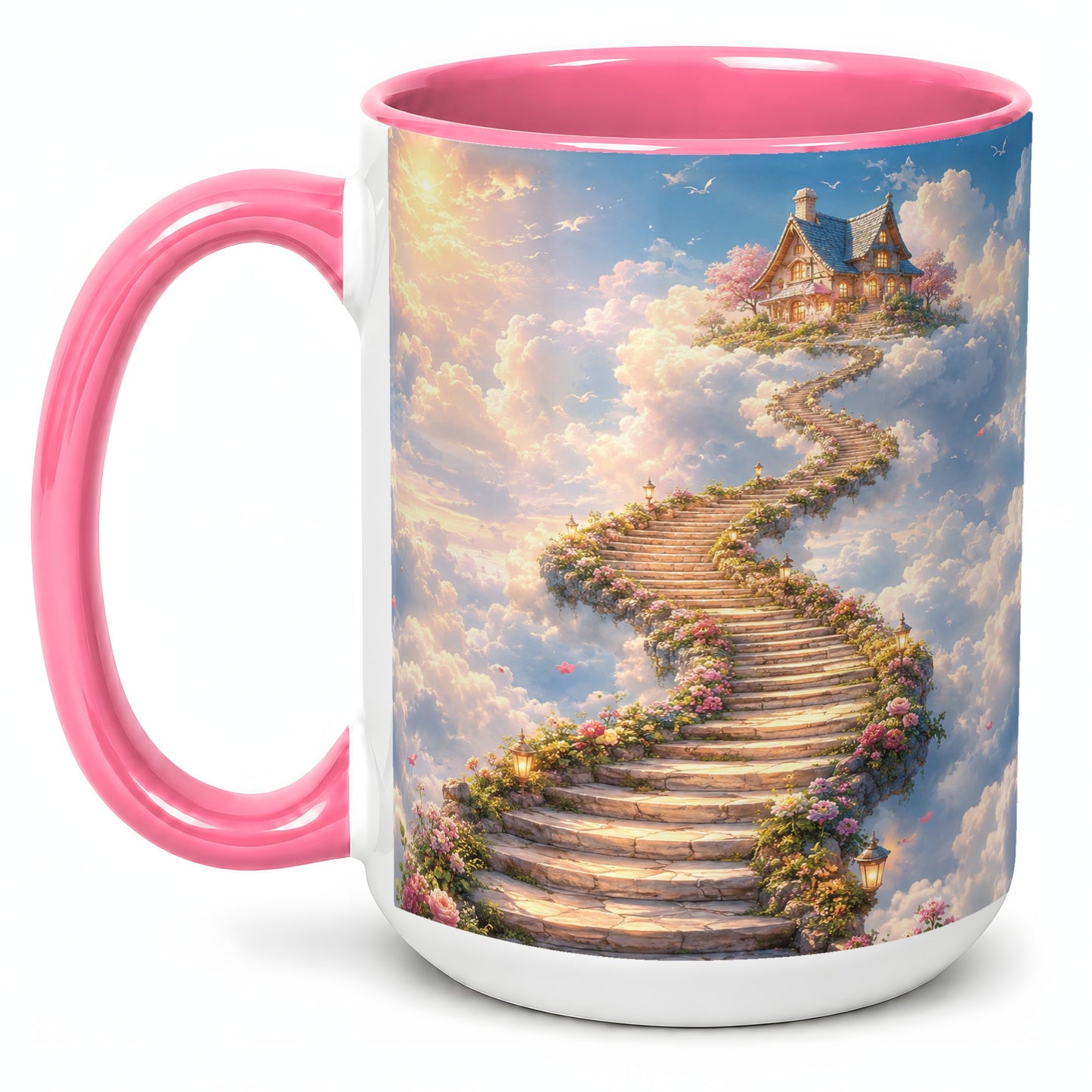 #pl[15oz|Pink] Cloud Cottage Stairway Ceramic Mug, Whimsical Sky Cottage Art