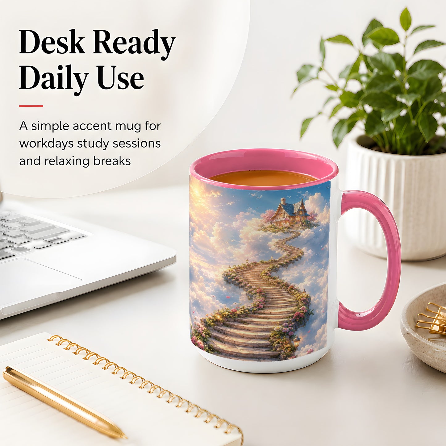 #pl[15oz|Pink] Cloud Cottage Stairway Ceramic Mug, Whimsical Sky Cottage Art