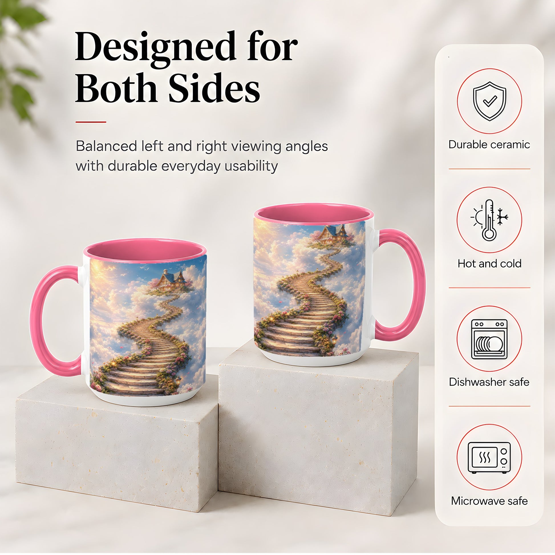 #pl[15oz|Pink] Cloud Cottage Stairway Ceramic Mug, Whimsical Sky Cottage Art