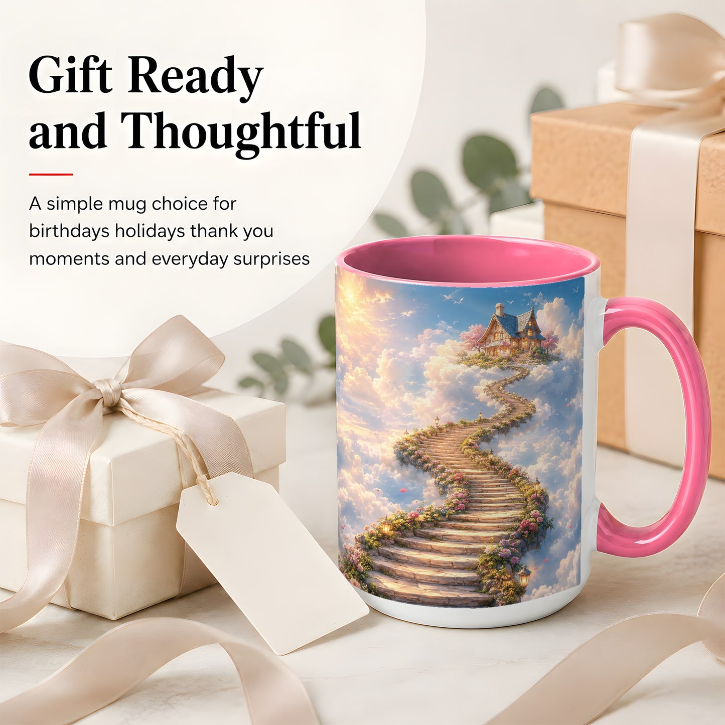 #pl[15oz|Pink] Cloud Cottage Stairway Ceramic Mug, Whimsical Sky Cottage Art