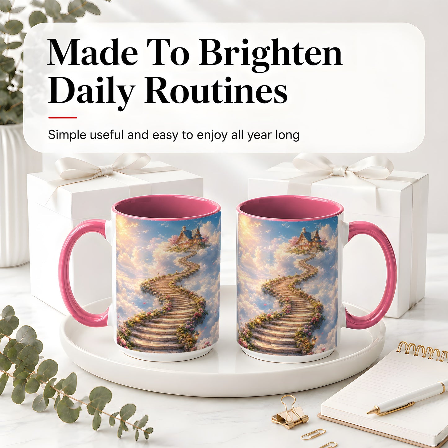 #pl[15oz|Pink] Cloud Cottage Stairway Ceramic Mug, Whimsical Sky Cottage Art