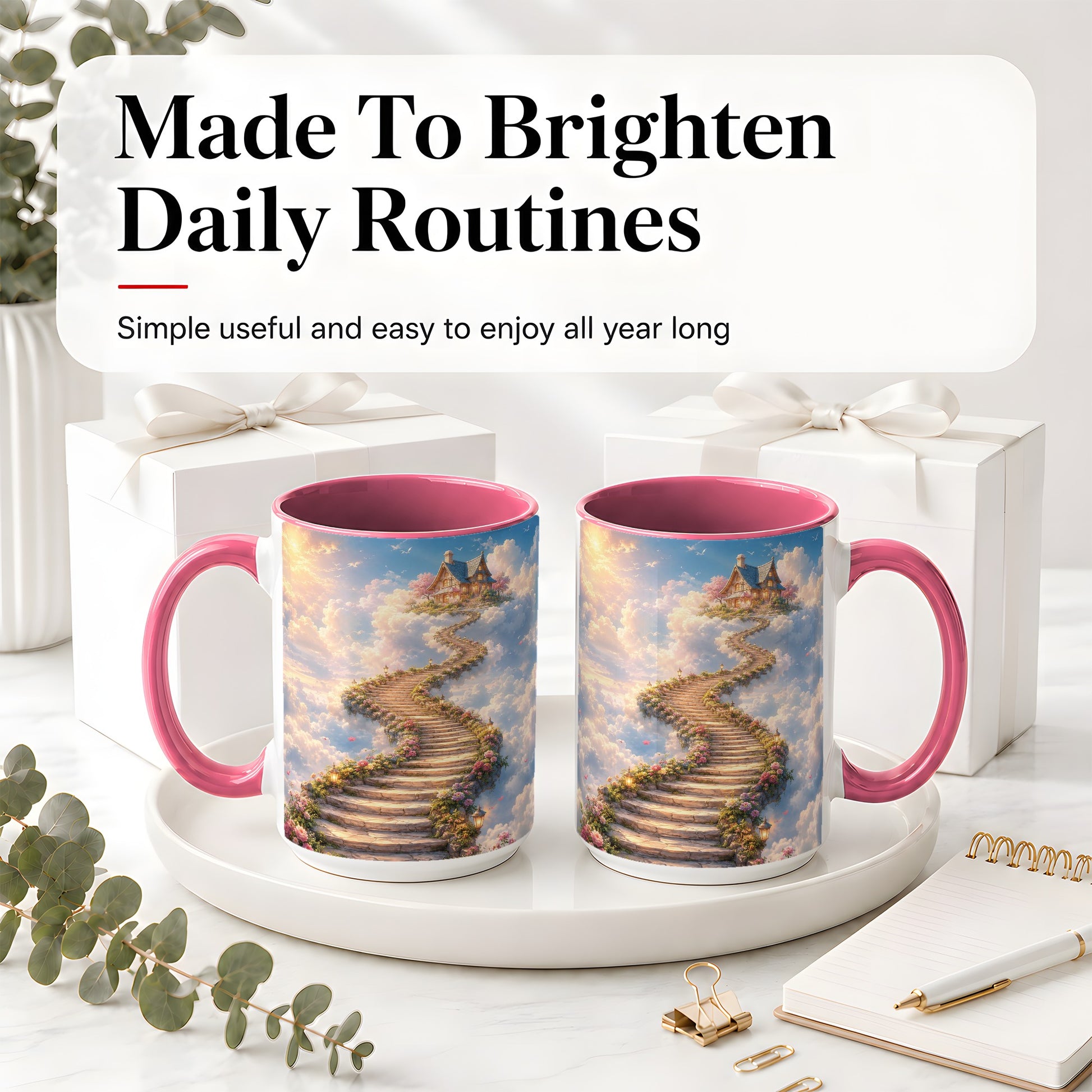 #pl[15oz|Pink] Cloud Cottage Stairway Ceramic Mug, Whimsical Sky Cottage Art