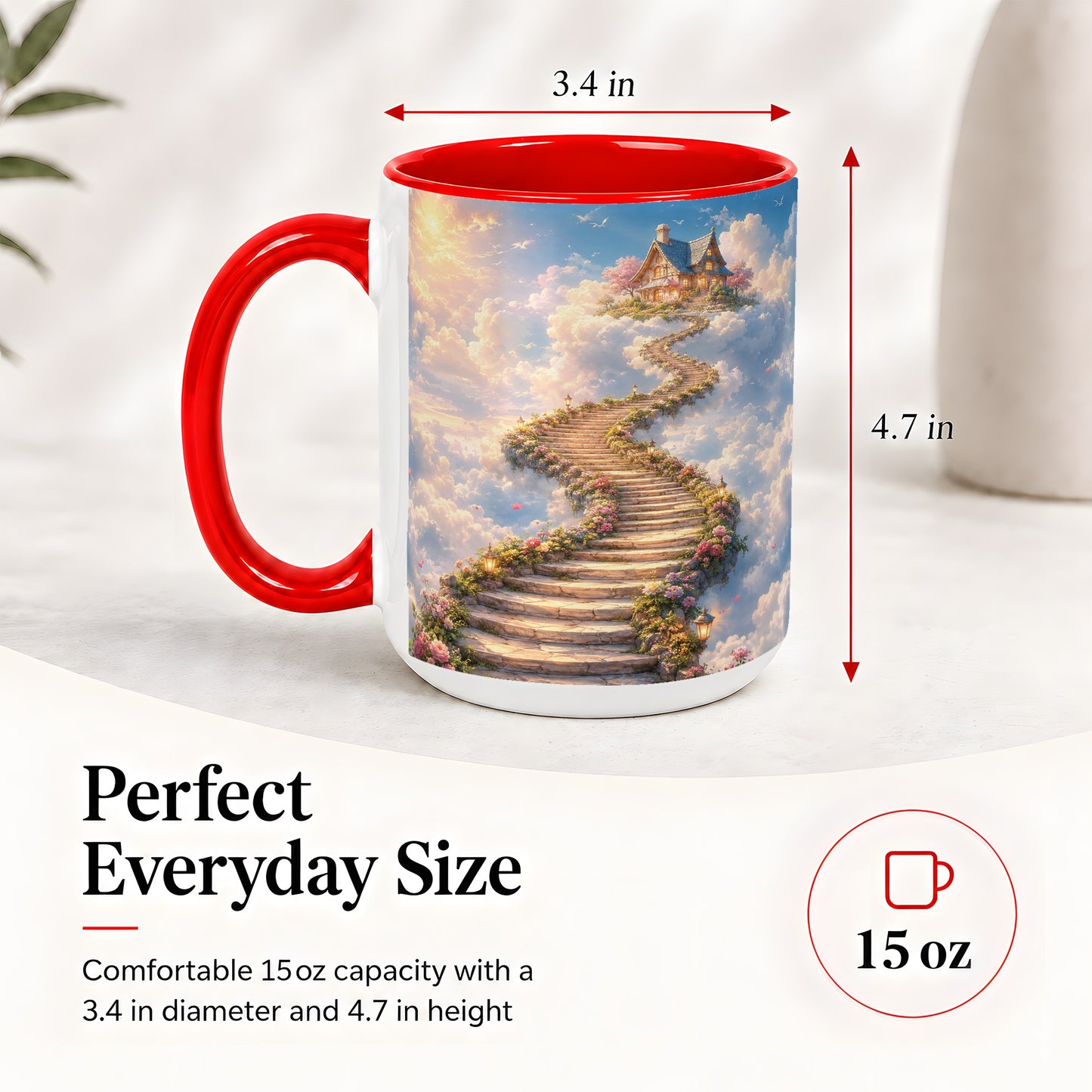 #pl[15oz|Red] Cloud Cottage Stairway Ceramic Mug, Whimsical Sky Cottage Art