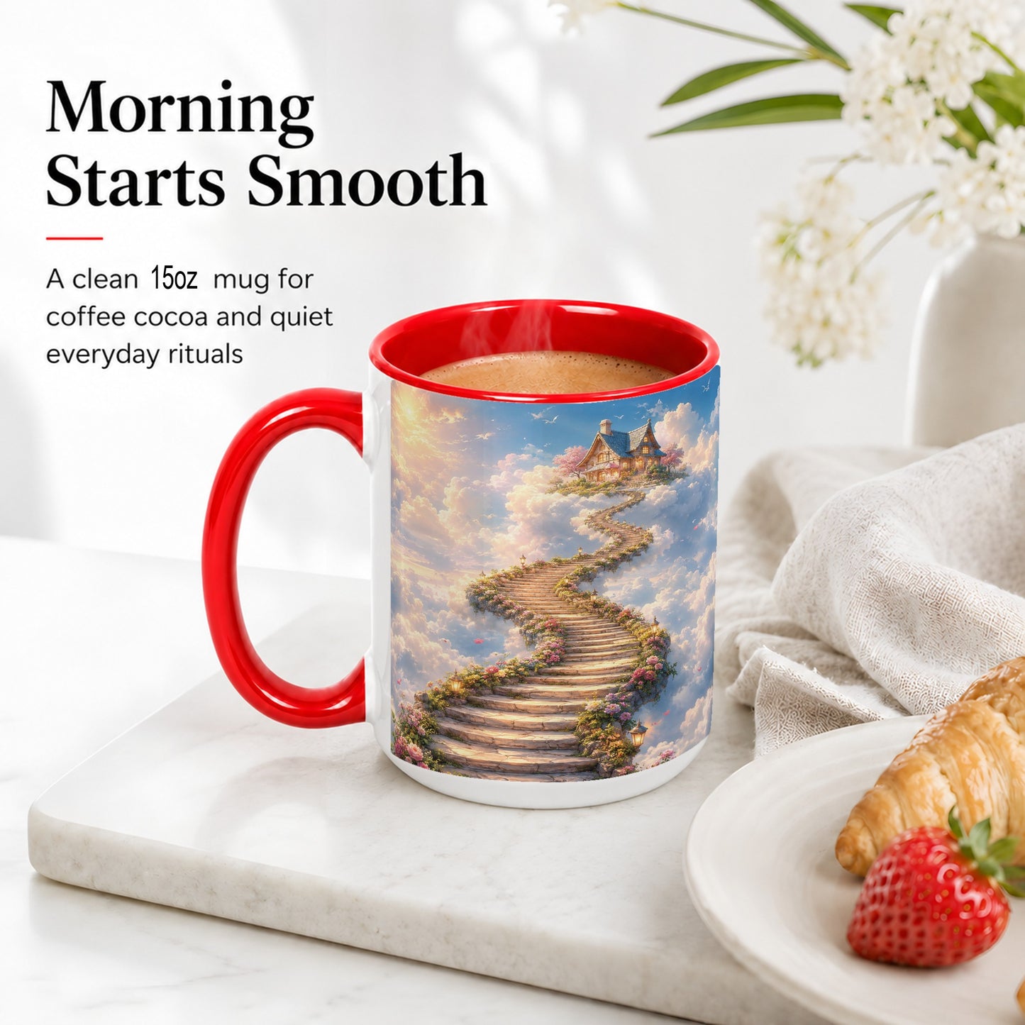 #pl[15oz|Red] Cloud Cottage Stairway Ceramic Mug, Whimsical Sky Cottage Art