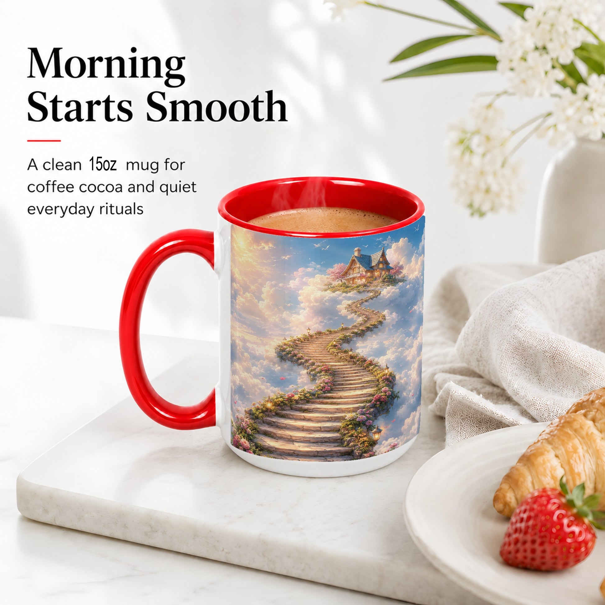 #pl[15oz|Red] Cloud Cottage Stairway Ceramic Mug, Whimsical Sky Cottage Art