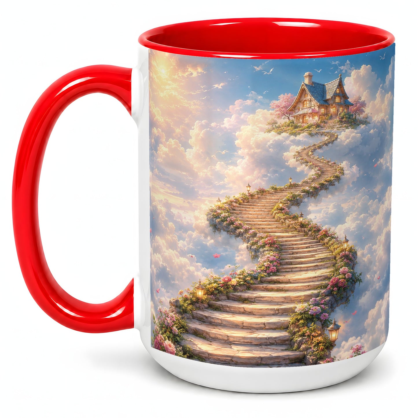 #pl[15oz|Red] Cloud Cottage Stairway Ceramic Mug, Whimsical Sky Cottage Art