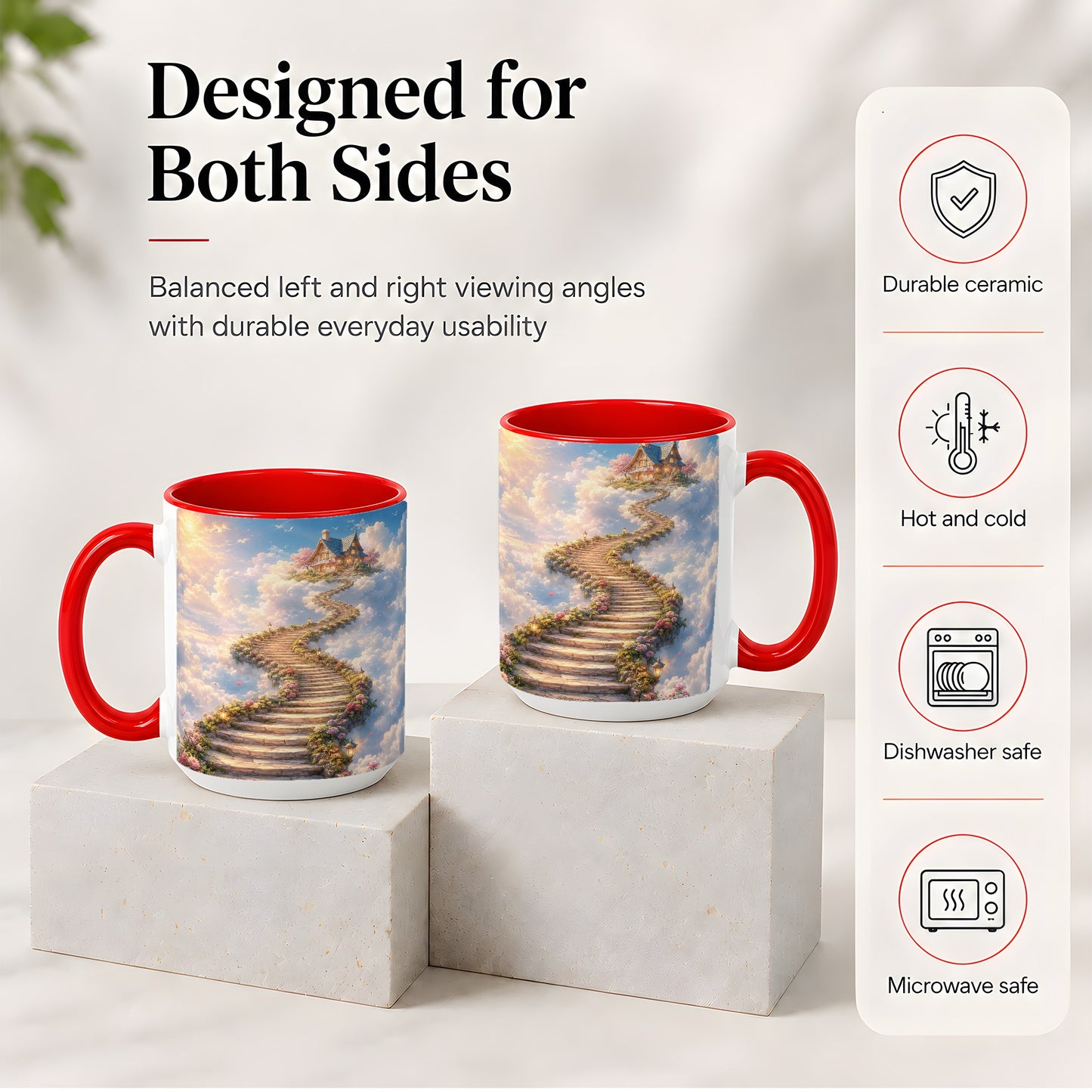 #pl[15oz|Red] Cloud Cottage Stairway Ceramic Mug, Whimsical Sky Cottage Art