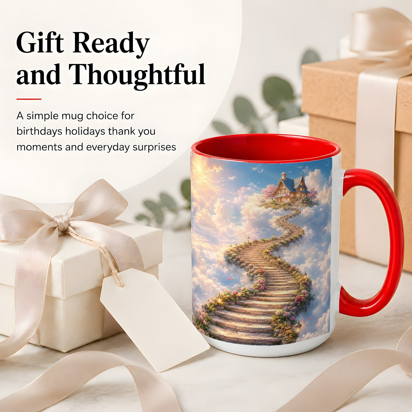 #pl[15oz|Red] Cloud Cottage Stairway Ceramic Mug, Whimsical Sky Cottage Art
