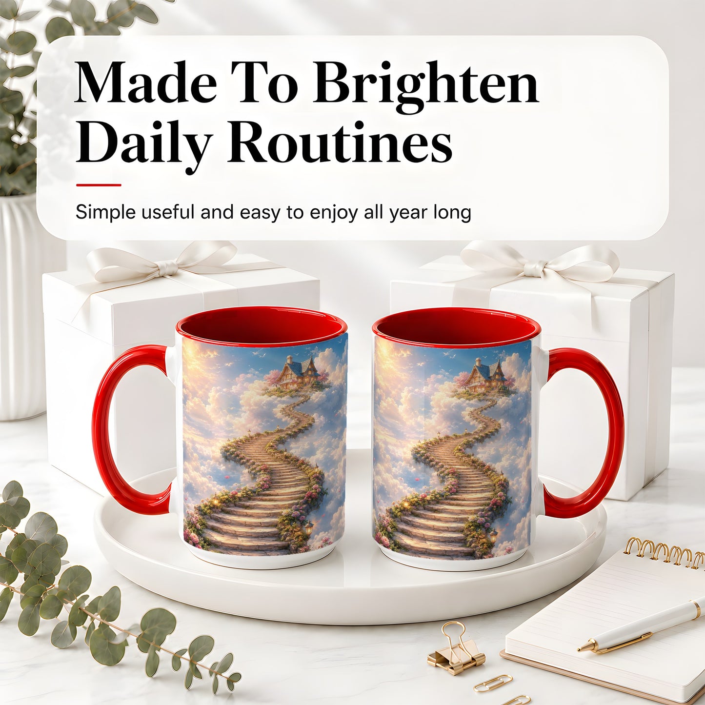 #pl[15oz|Red] Cloud Cottage Stairway Ceramic Mug, Whimsical Sky Cottage Art
