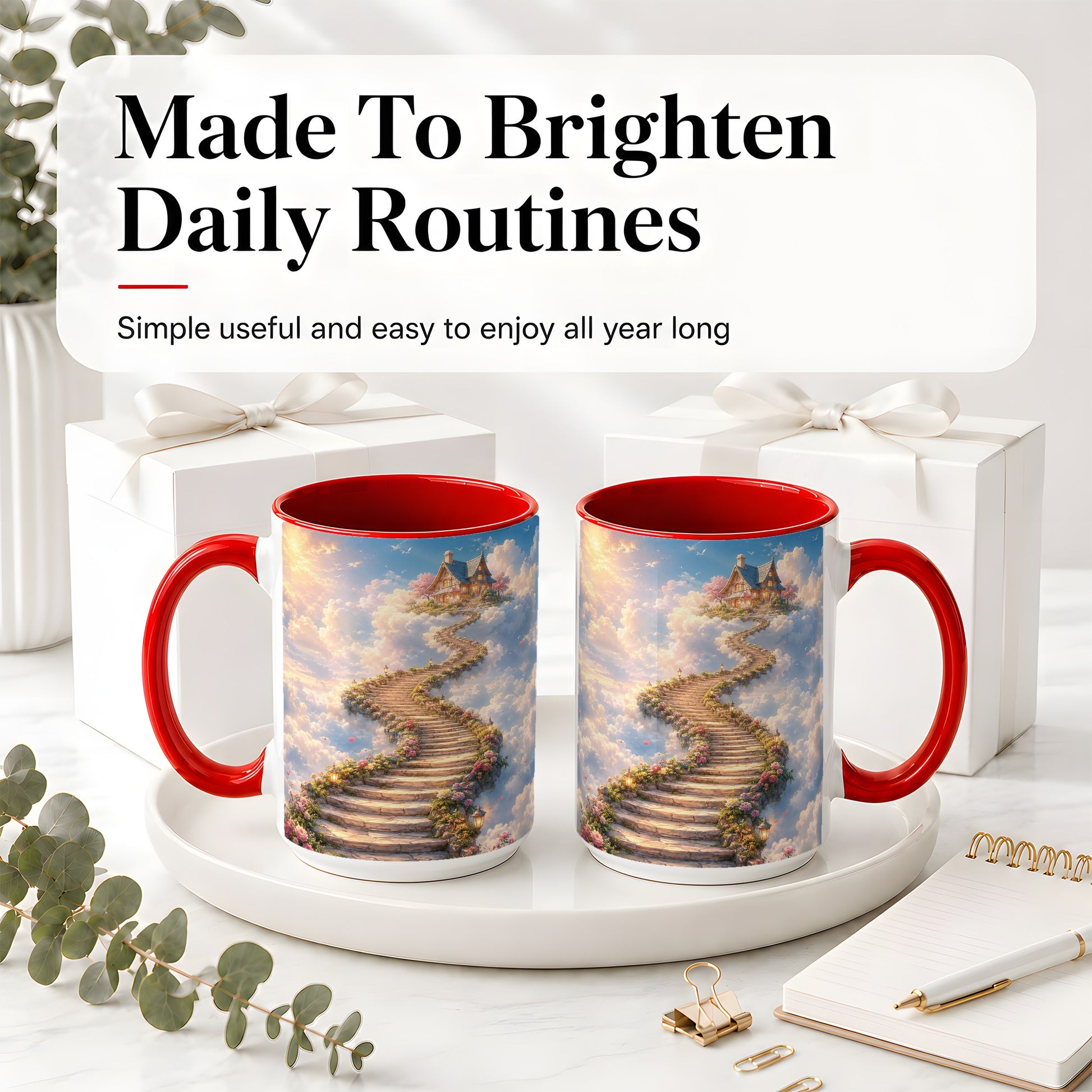 #pl[15oz|Red] Cloud Cottage Stairway Ceramic Mug, Whimsical Sky Cottage Art
